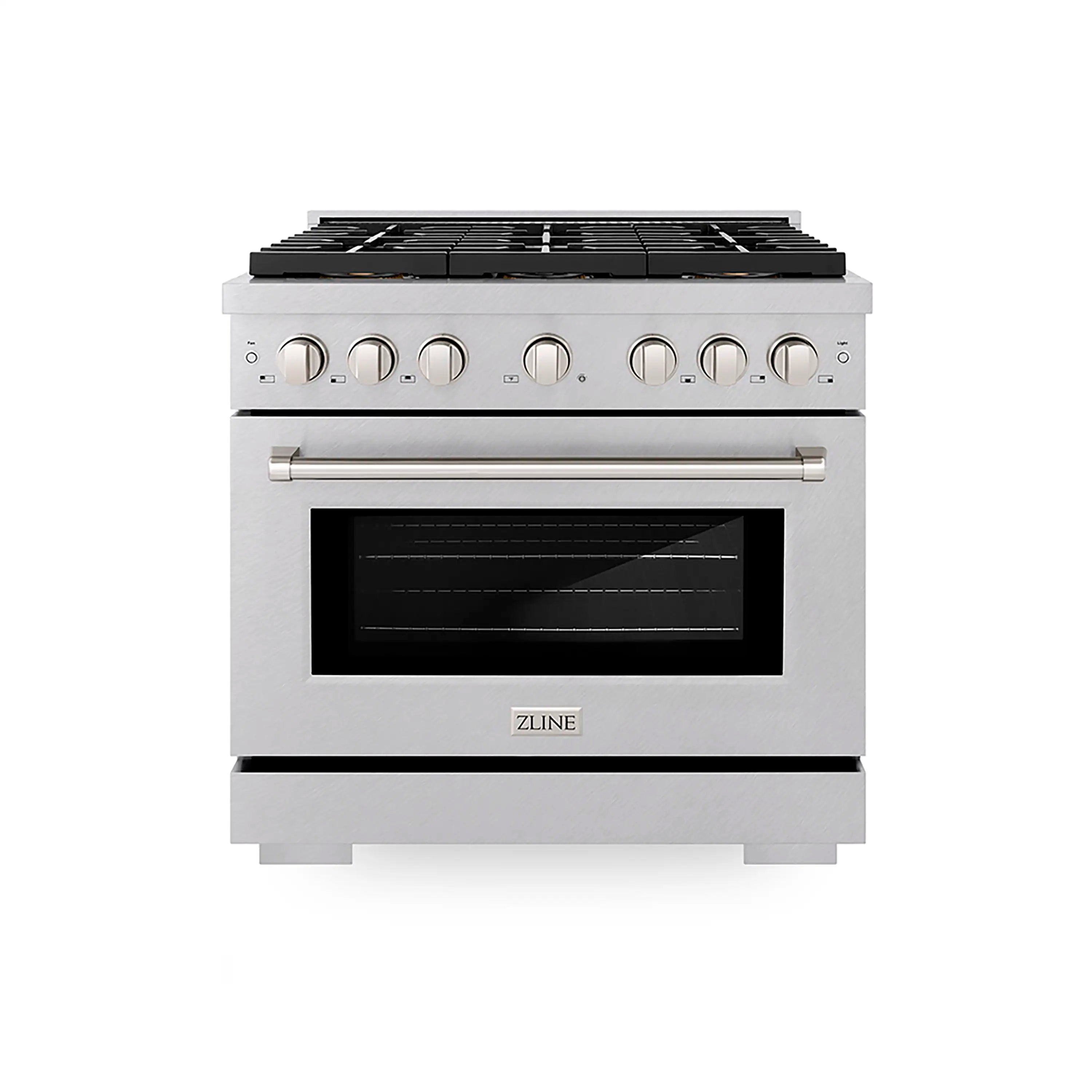 Satin stainless steel gas range with oven window and front control knobs