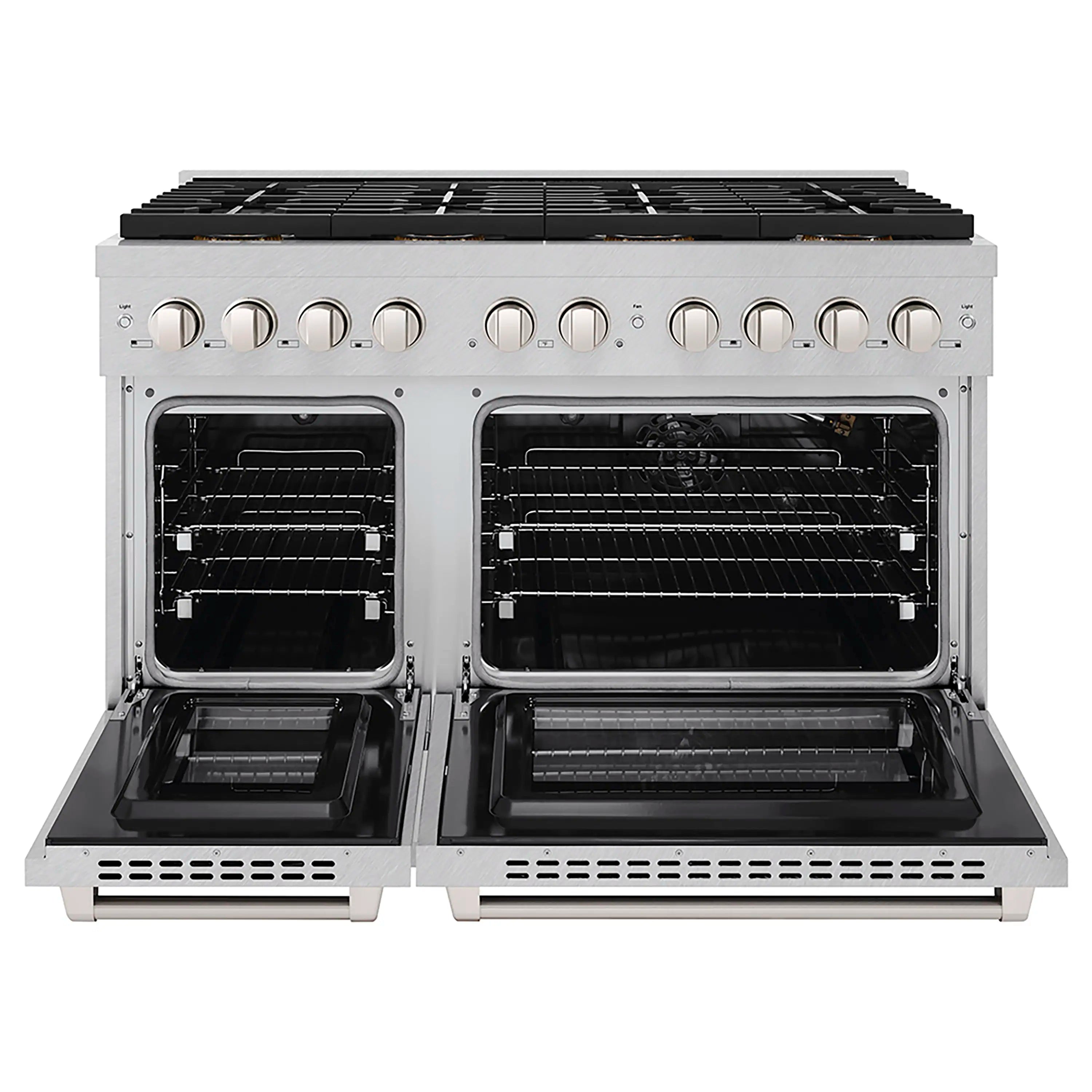 ZLINE gas range with dual ovens open, stainless door frames and oven racks visible
