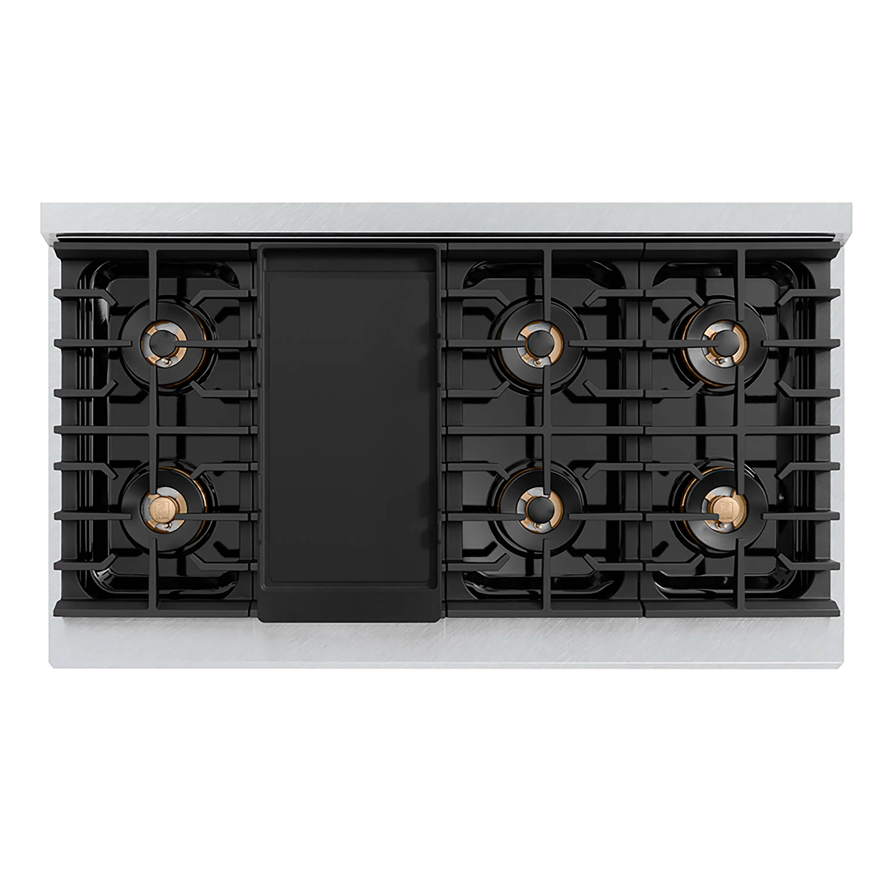 ZLINE gas range cooktop with black griddle insert and burner grates, centered placement