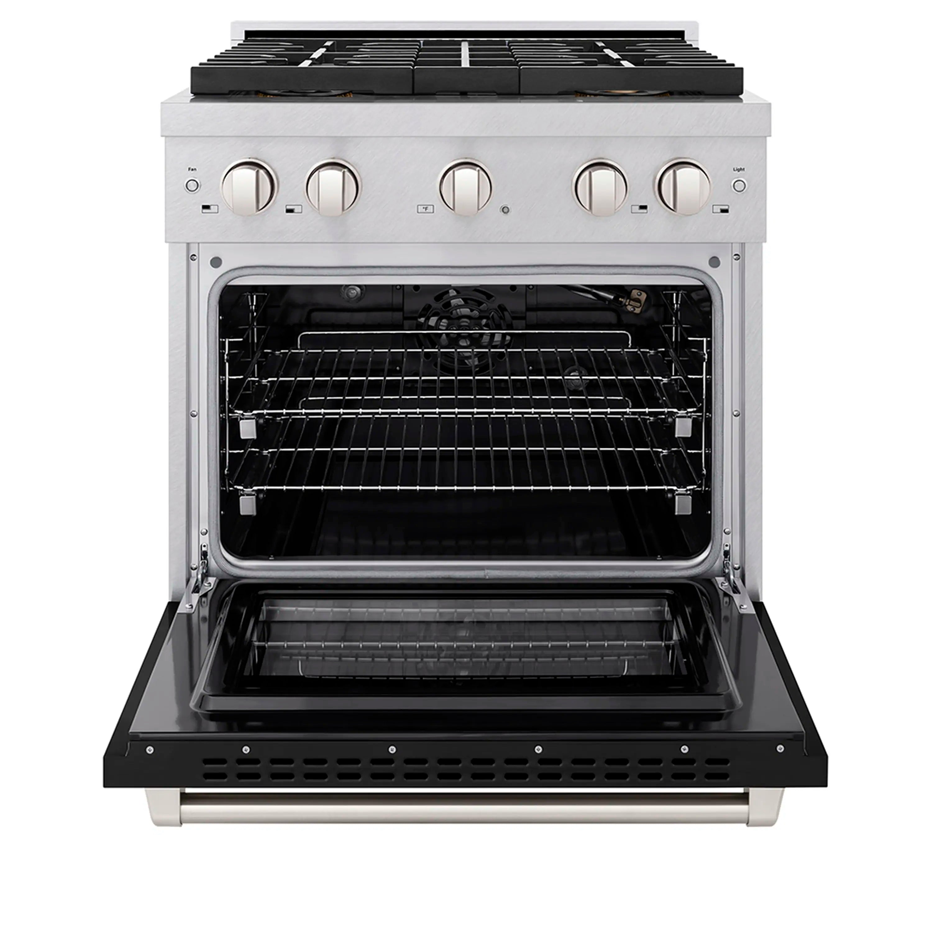 Satin stainless steel gas range with open convection oven and wire oven racks