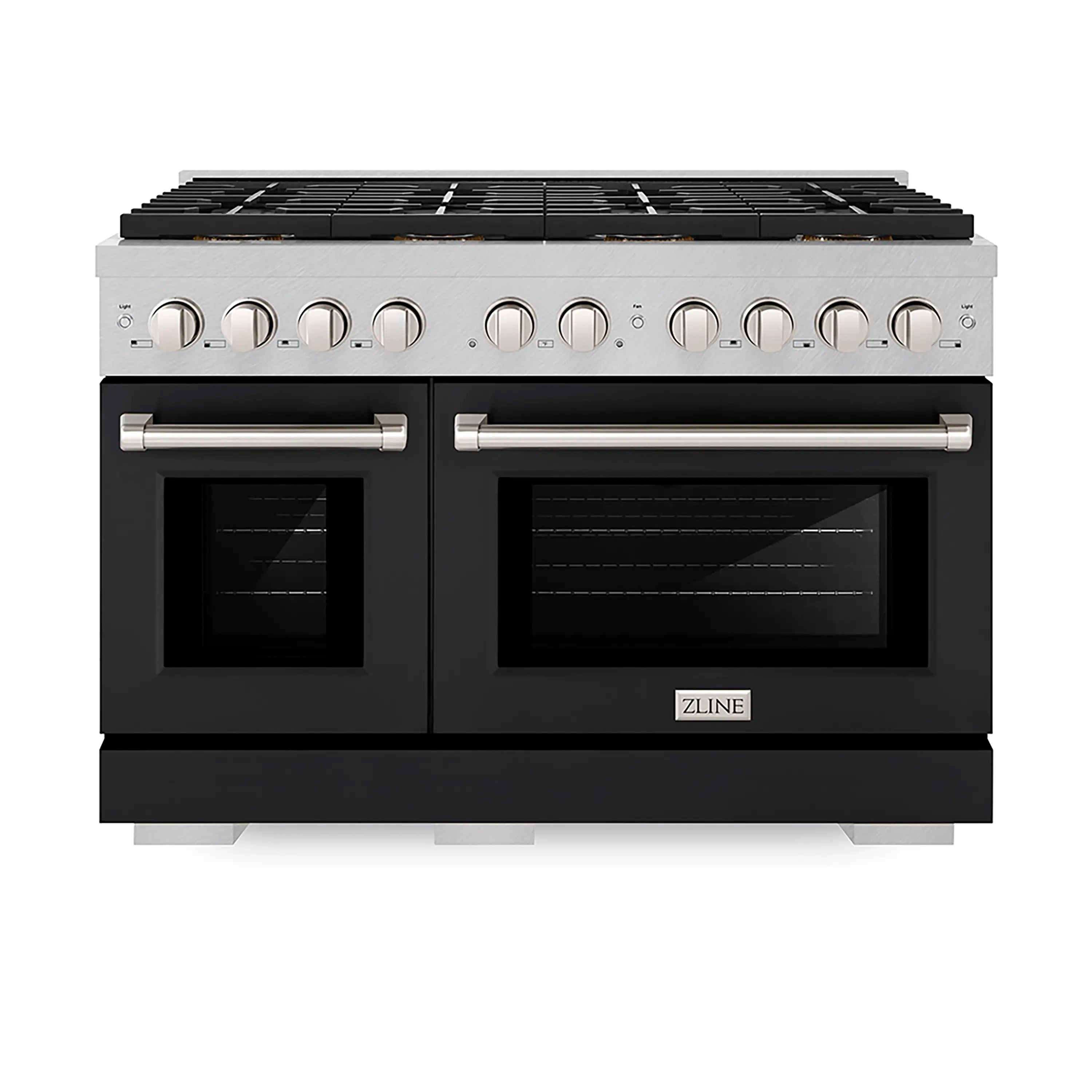 Satin stainless gas range with black matte doors and dual ovens, front view