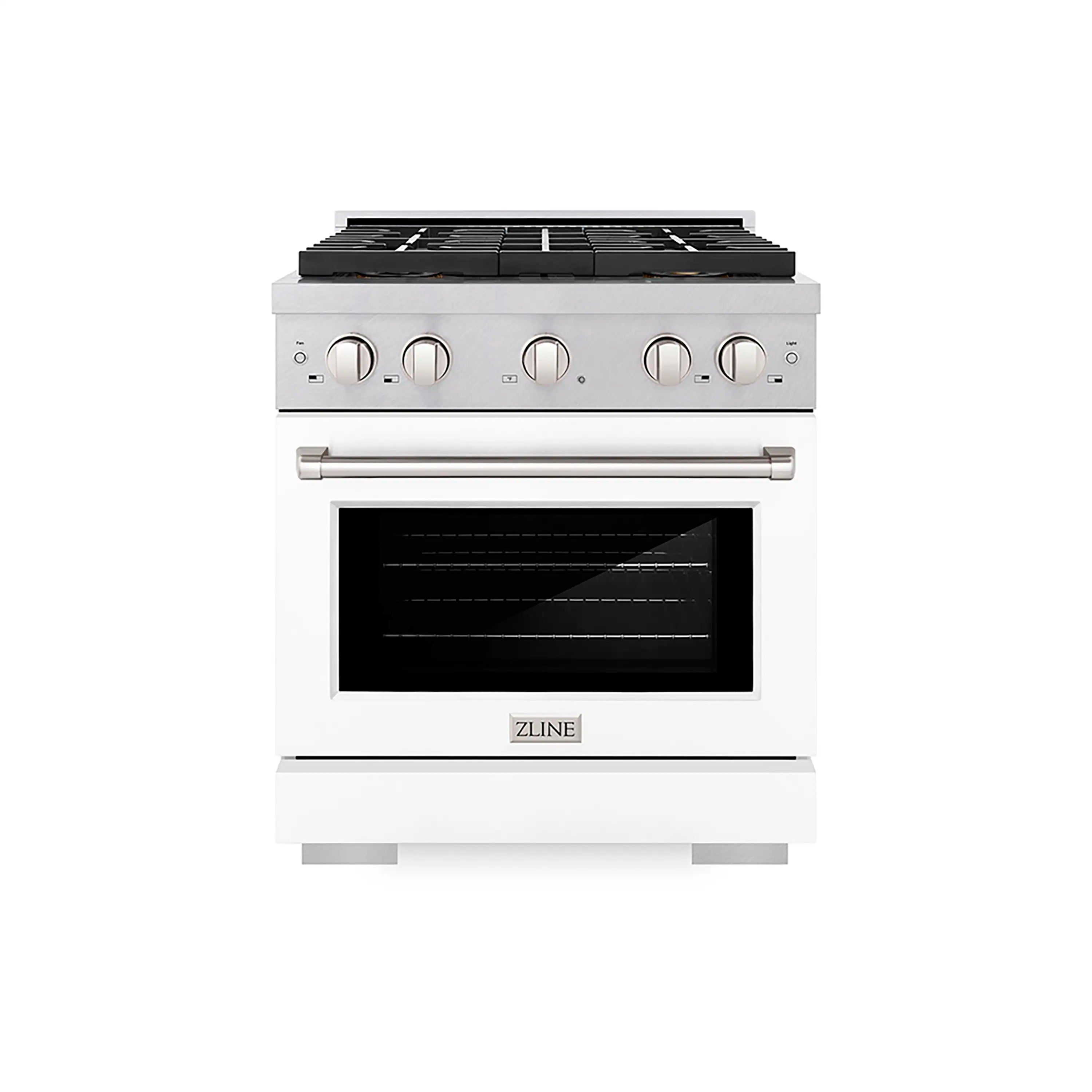 Paramount gas range with stainless front, four-burner cooktop, and convection oven door