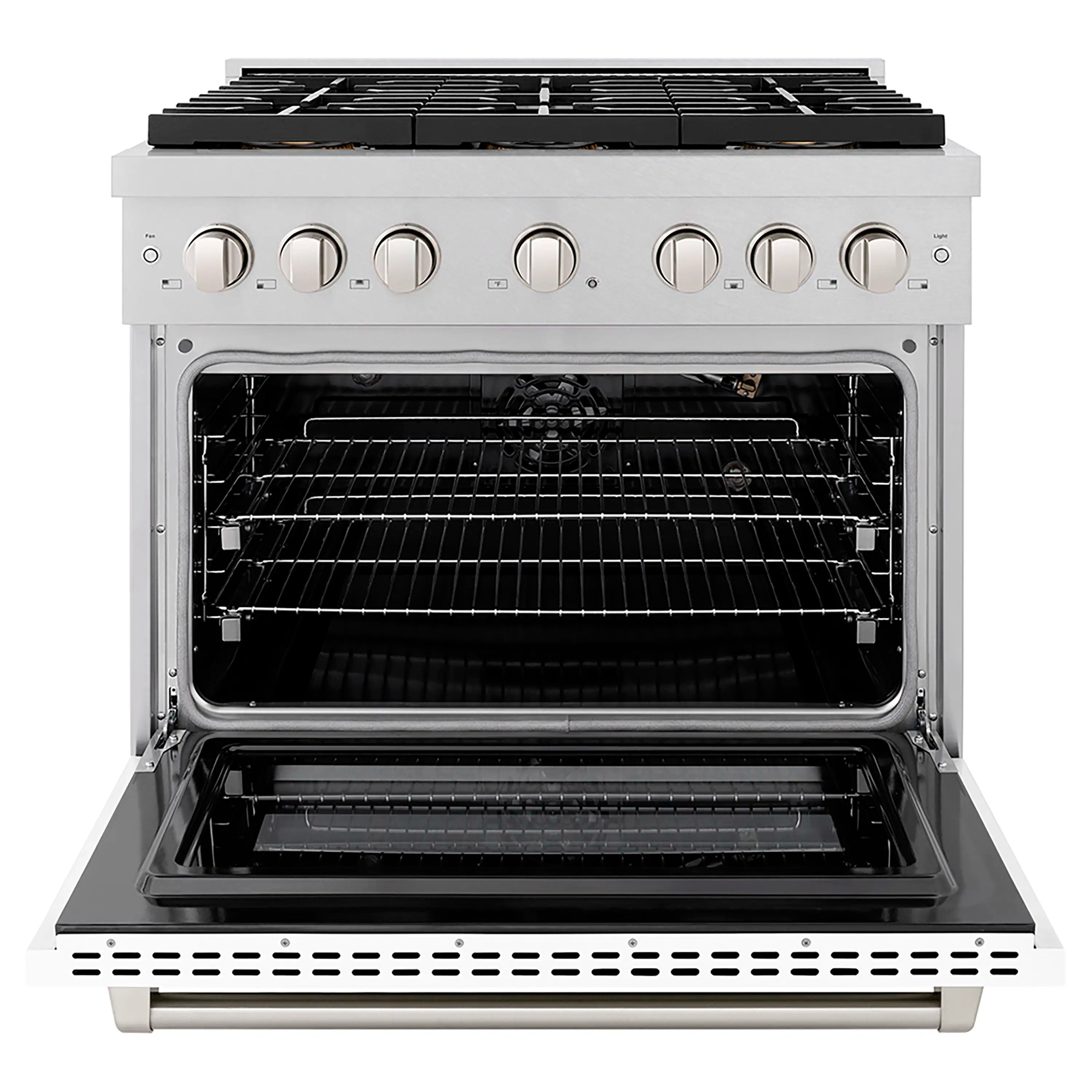 Open convection gas oven with racks, black interior, and stainless steel frame
