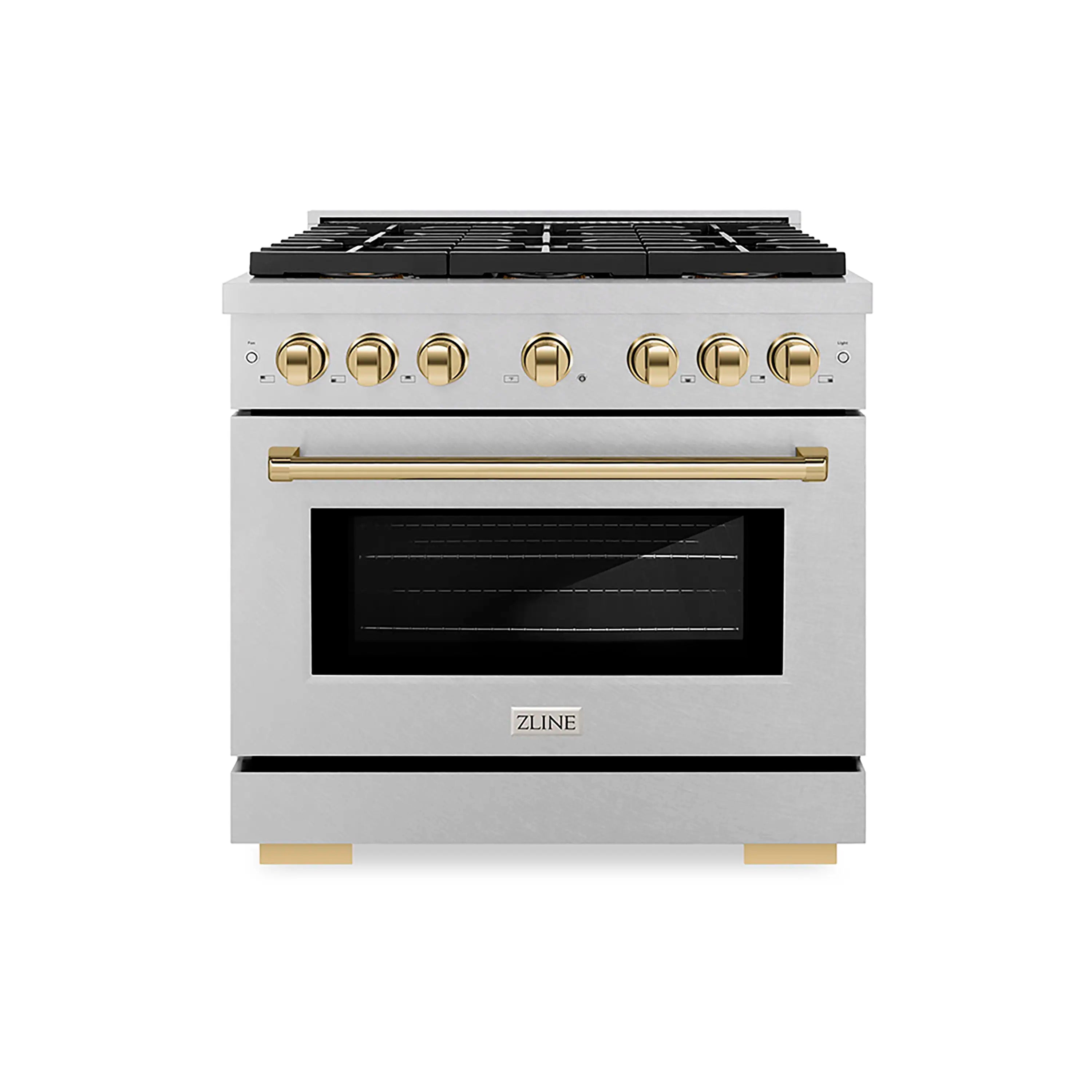 36-inch gas range with satin stainless-steel body, gold knobs, and window oven door
