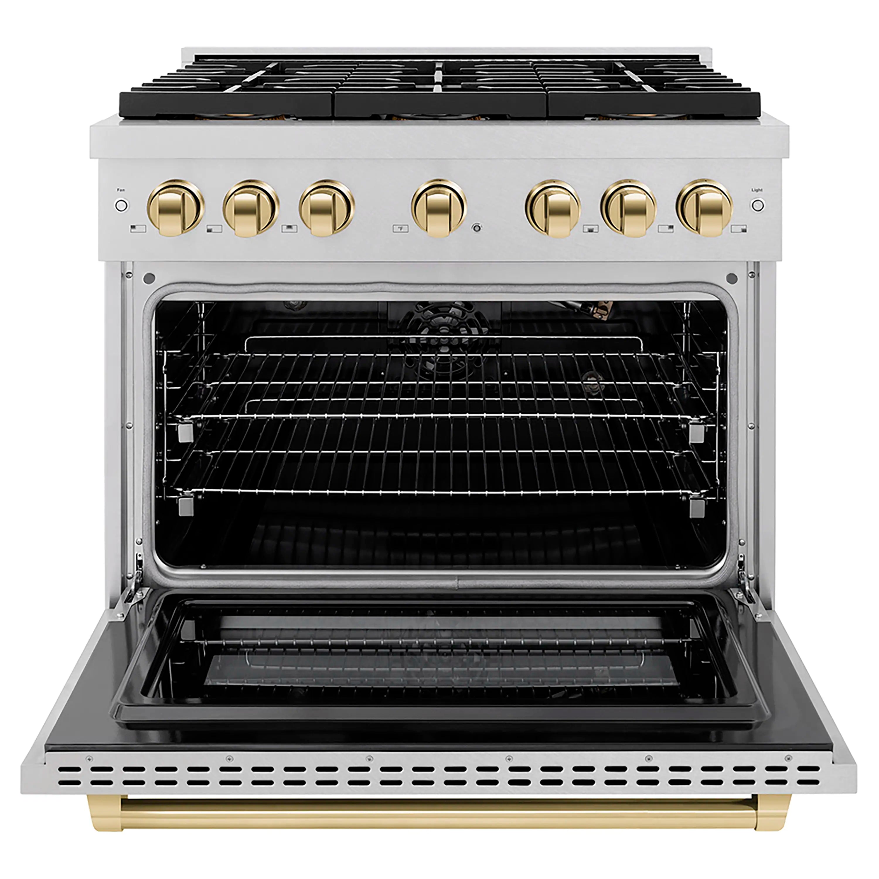 Gas range with open oven door showing wire racks and black interior