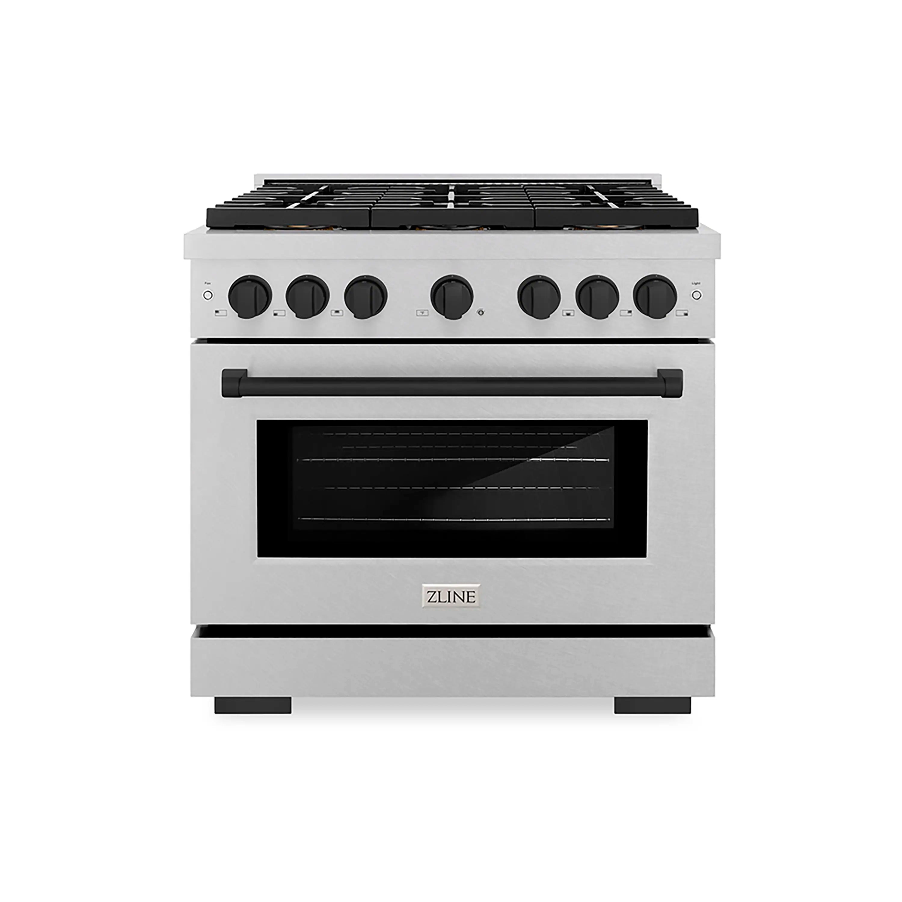 Satin stainless gas range with black control knobs and oven window, front view