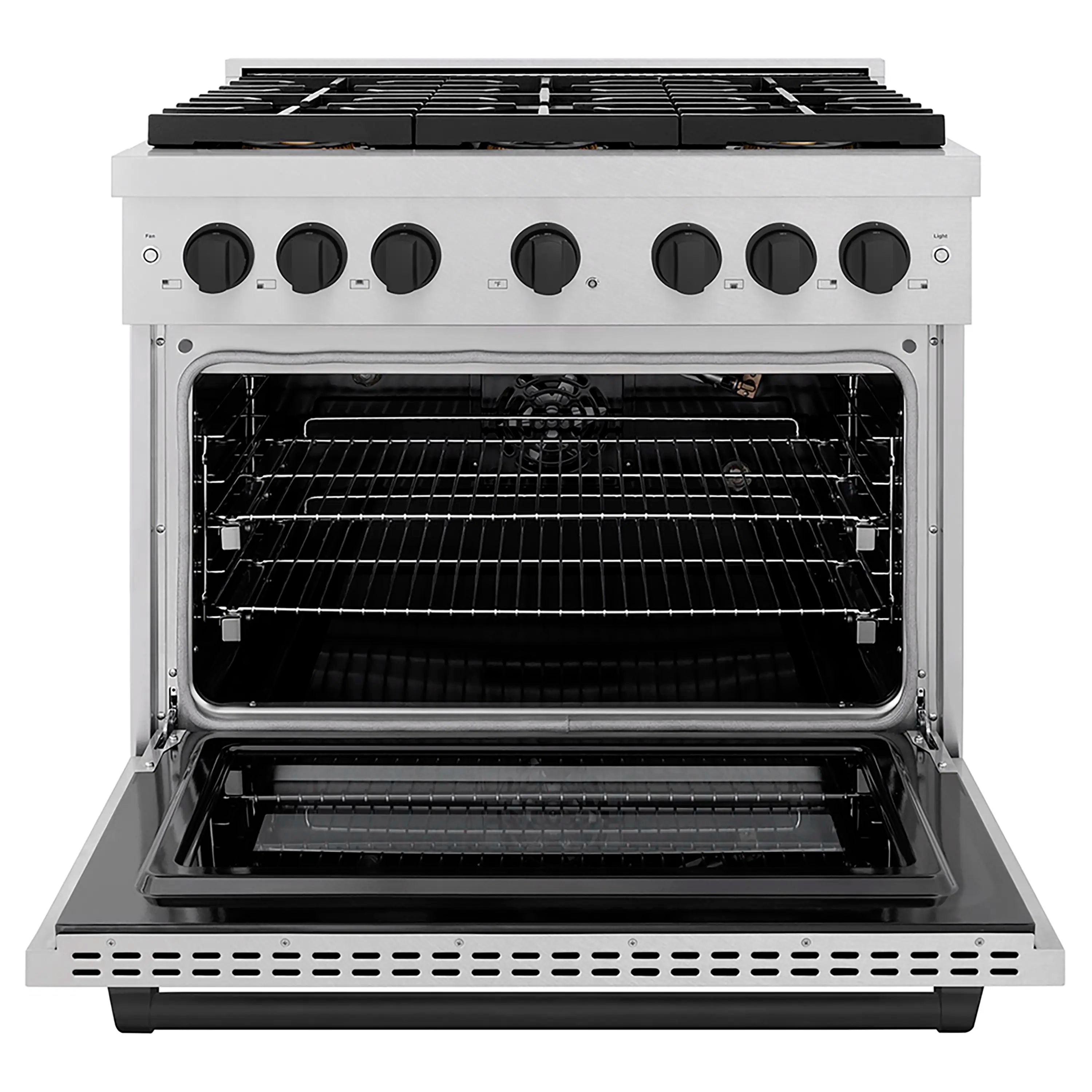 Open convection gas oven with interior rack and stainless cooktop control panel