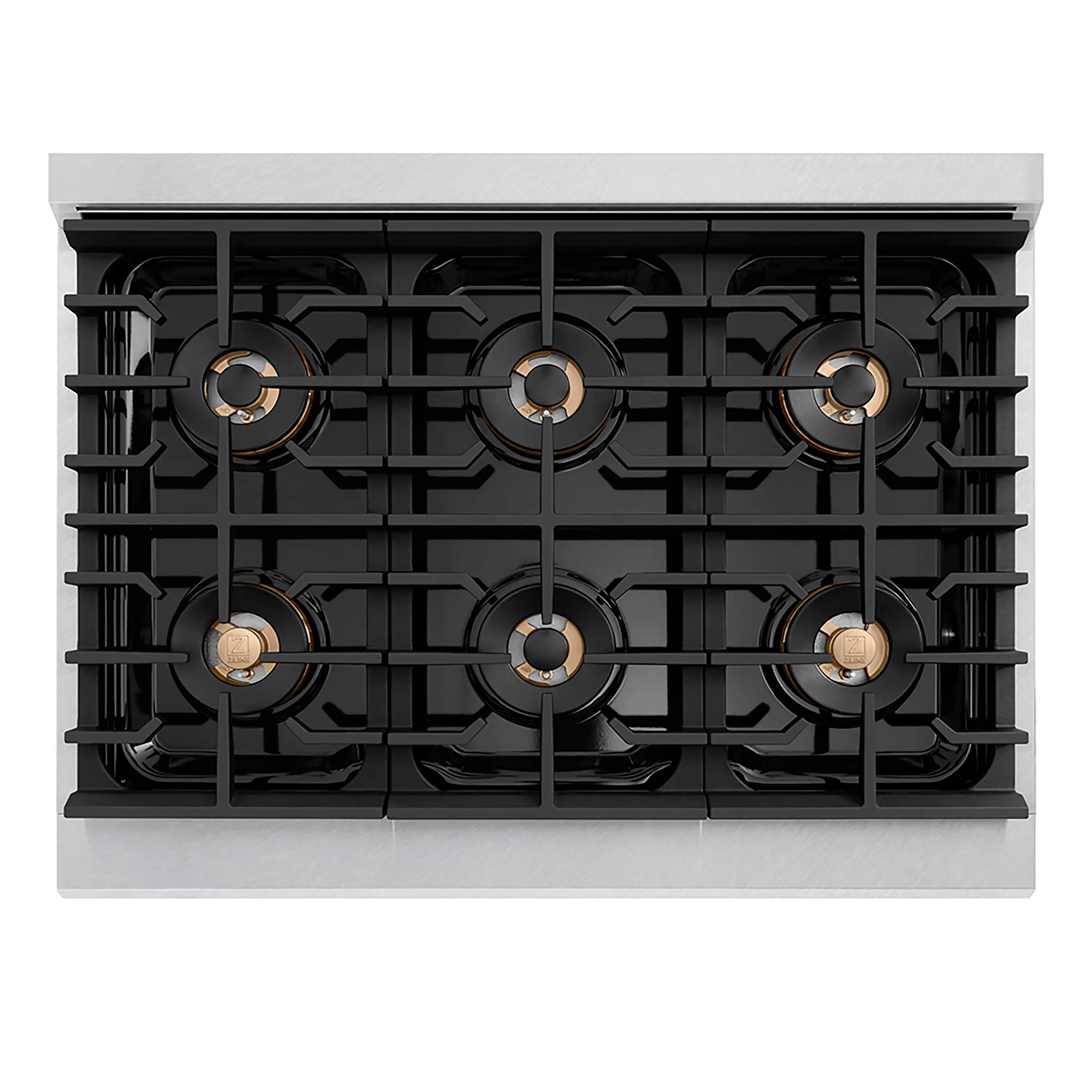 Six-burner gas cooktop with black grates and bronze-ring burner heads, top view