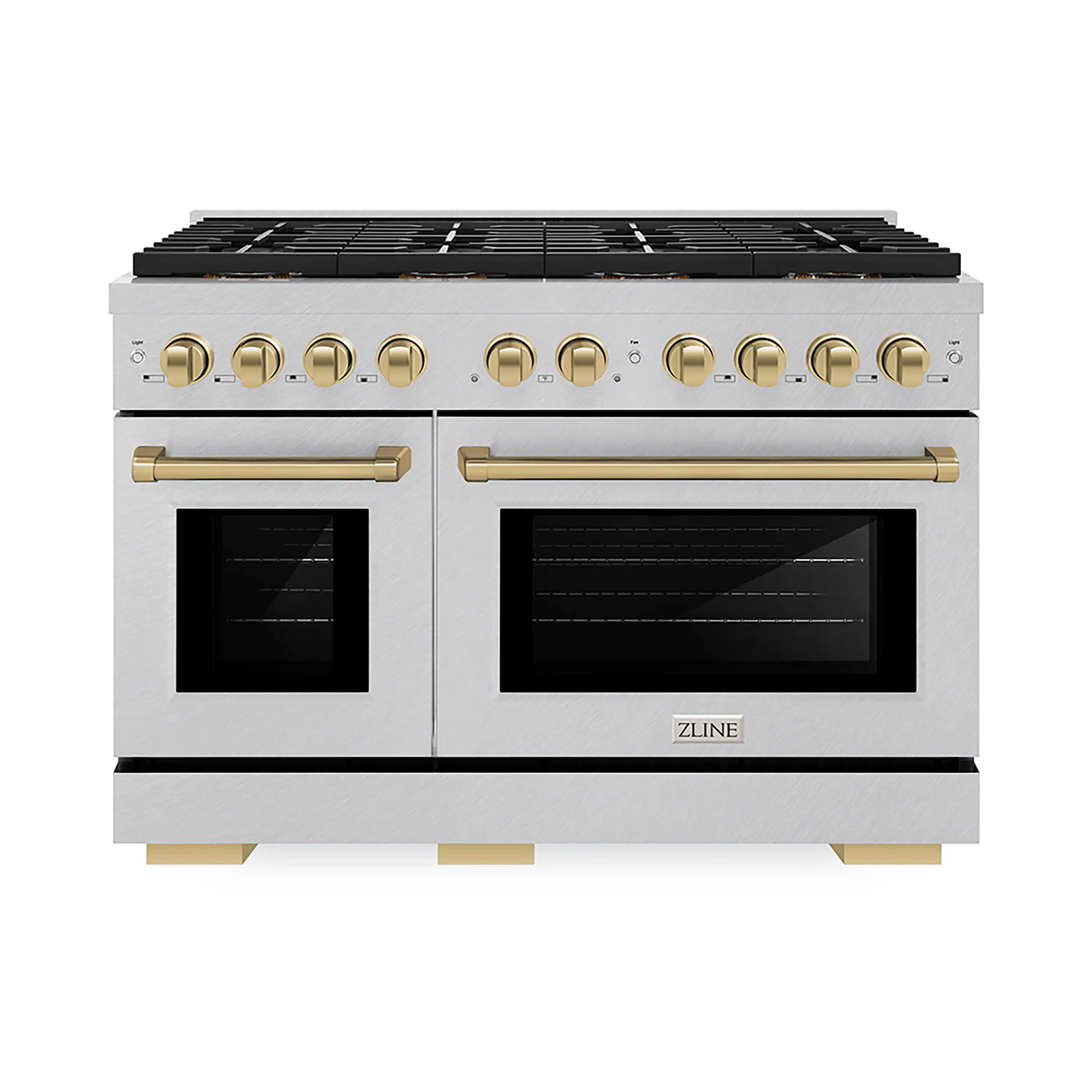 Satin stainless gas range with dual doors, gold-tone control knobs and top burner grate