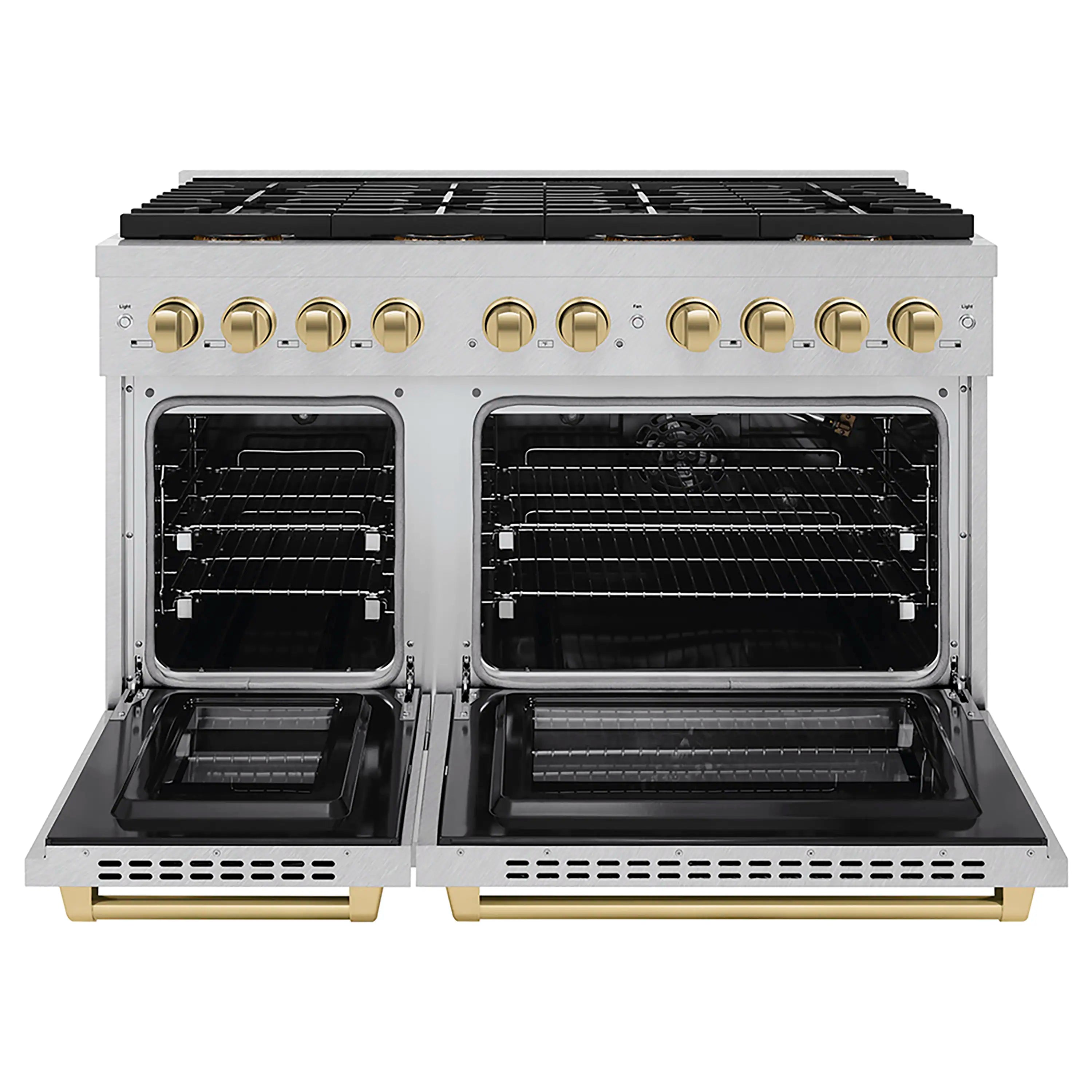 Gas range with dual oven doors open, black racks inside and gold-tone trim
