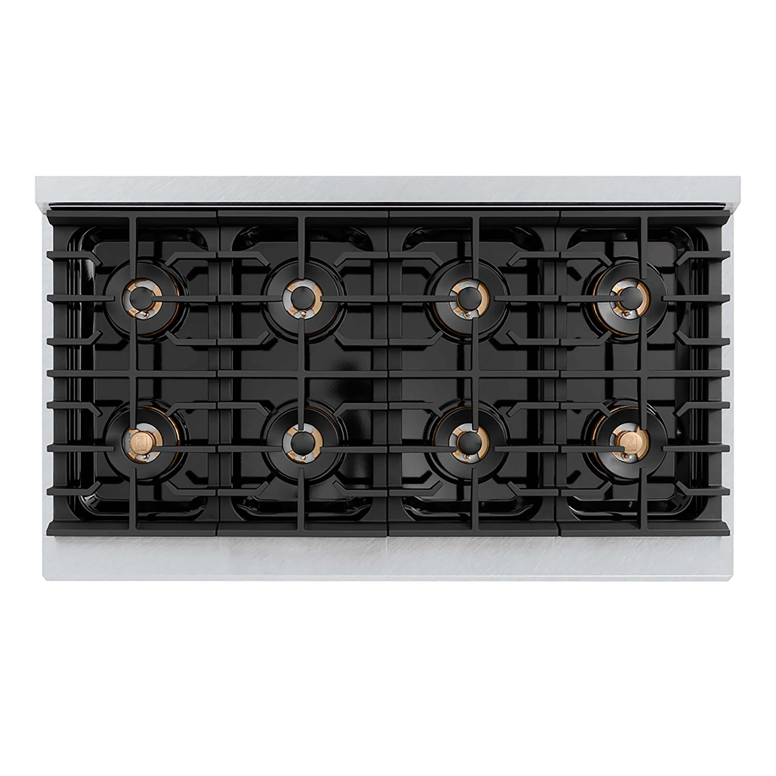 Gas cooktop burner layout with eight black grates and gold-tone burner caps