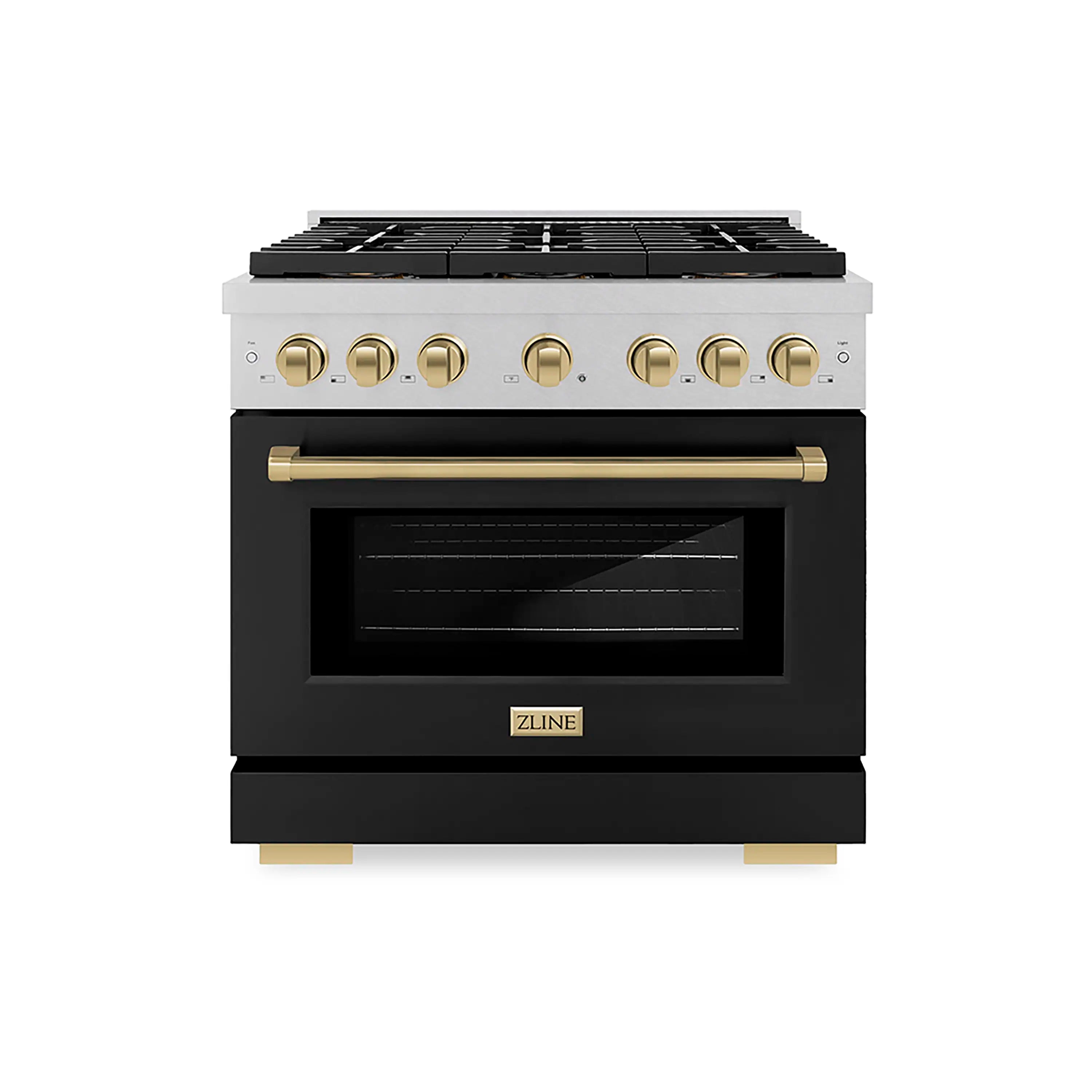 Dual fuel range front view with black door, satin stainless trim, and bronze knobs