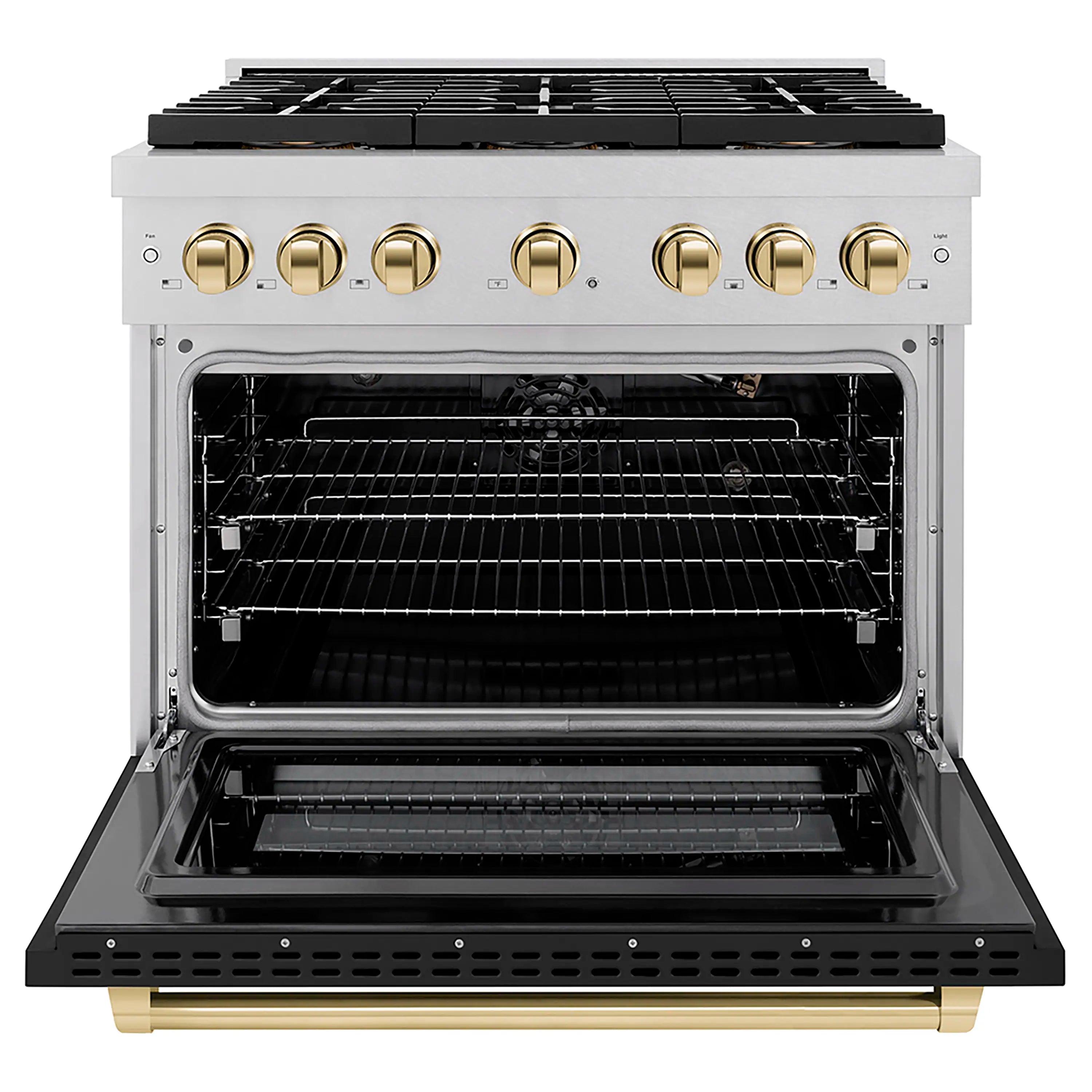 Satin stainless gas range with black matte door, gold control knobs, and open oven
