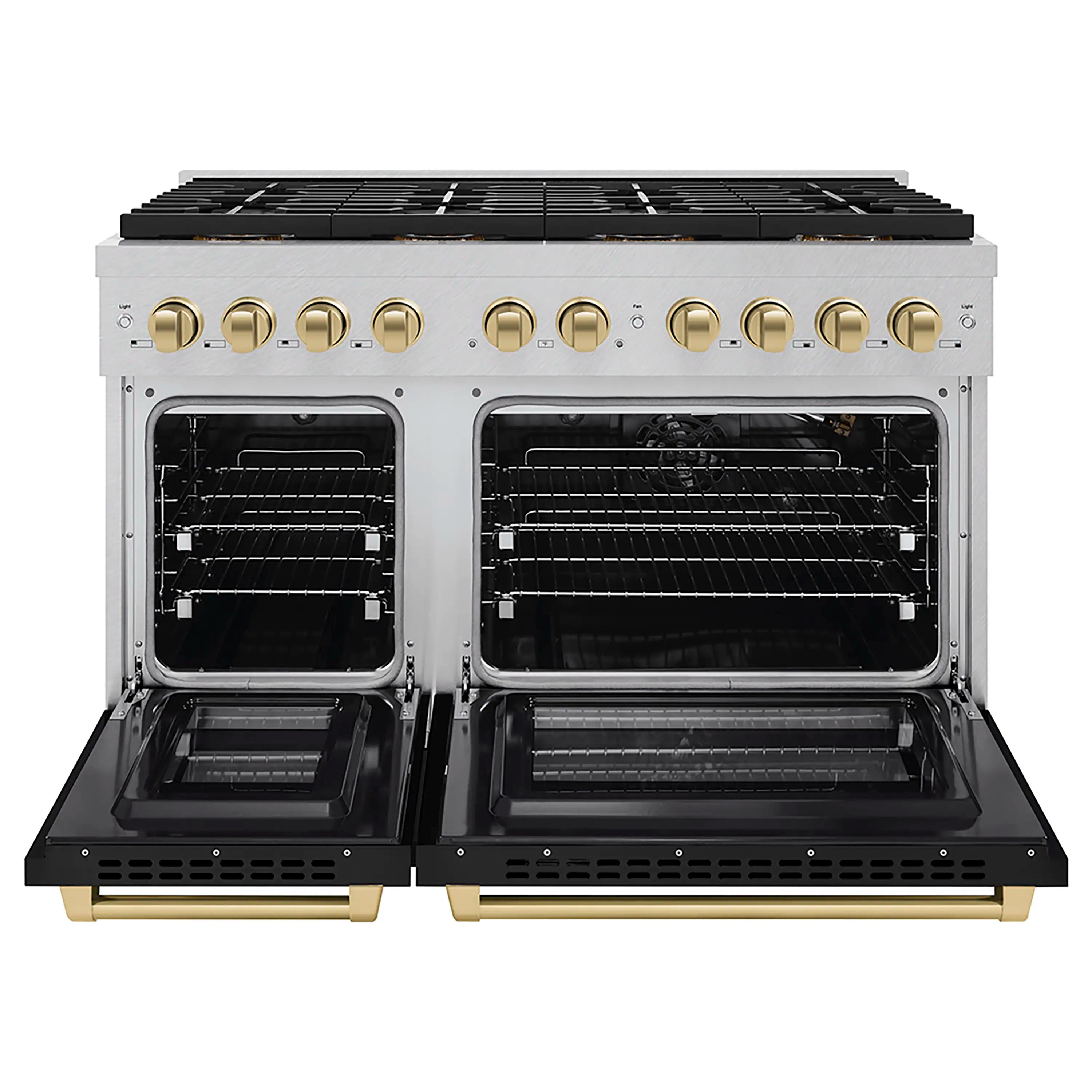 Dual oven range with both oven doors open and satin stainless interior frames