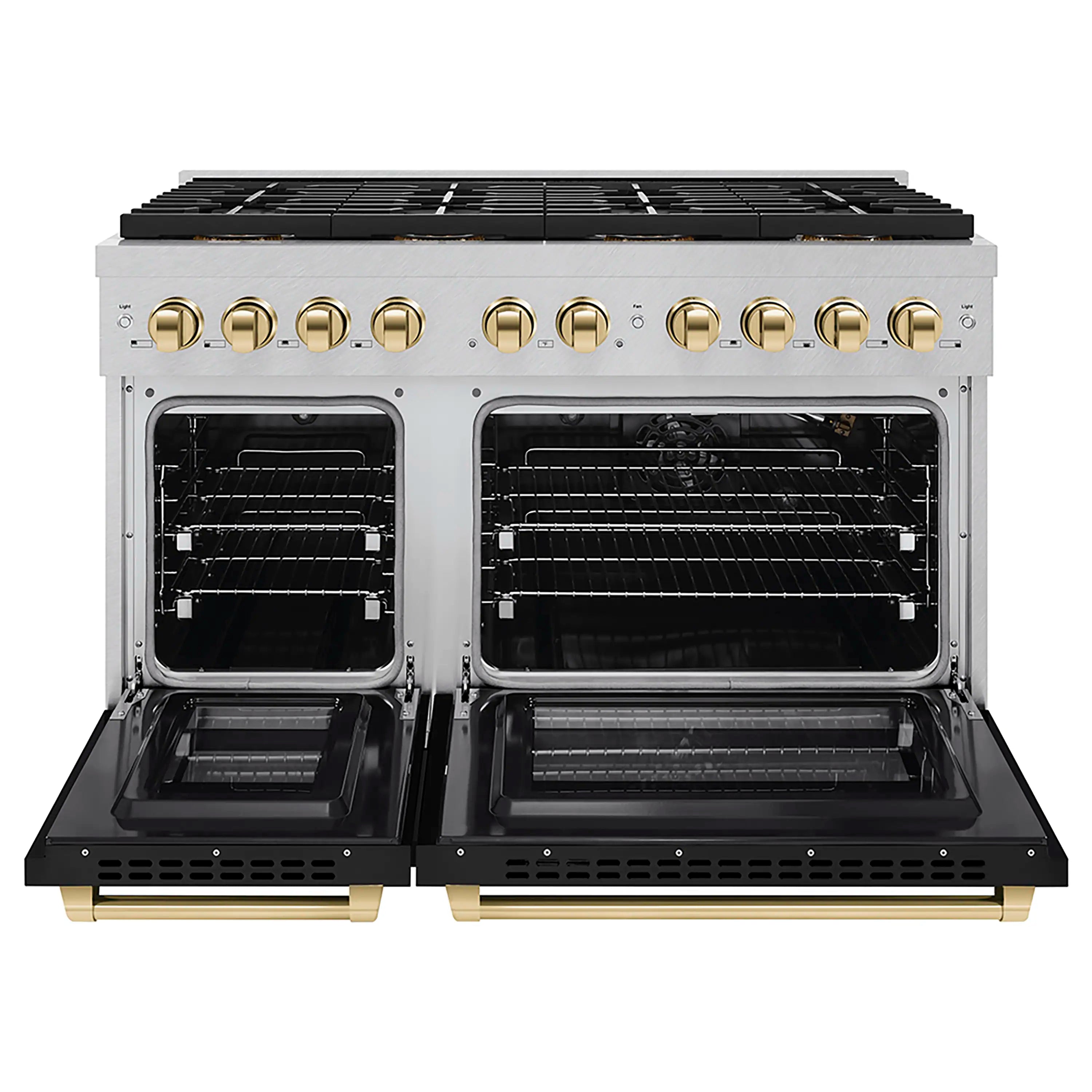 Stainless steel gas range with both oven doors open and gold-trimmed handles