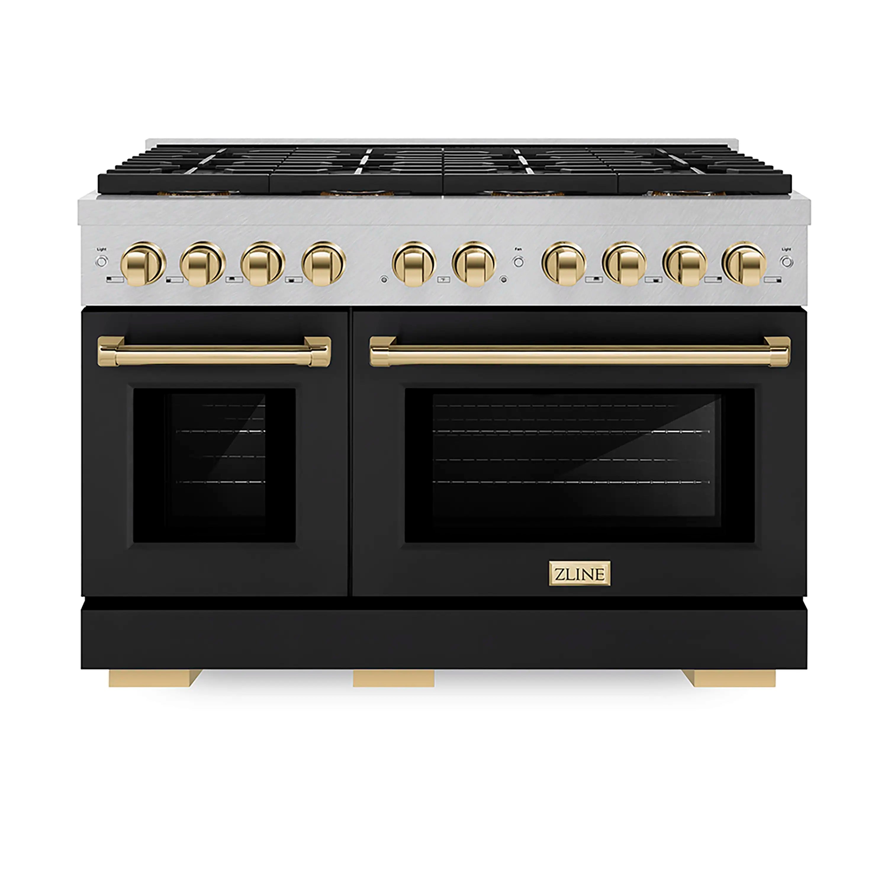 Stainless steel gas range with dual ovens, black matte doors, and gold knob accents
