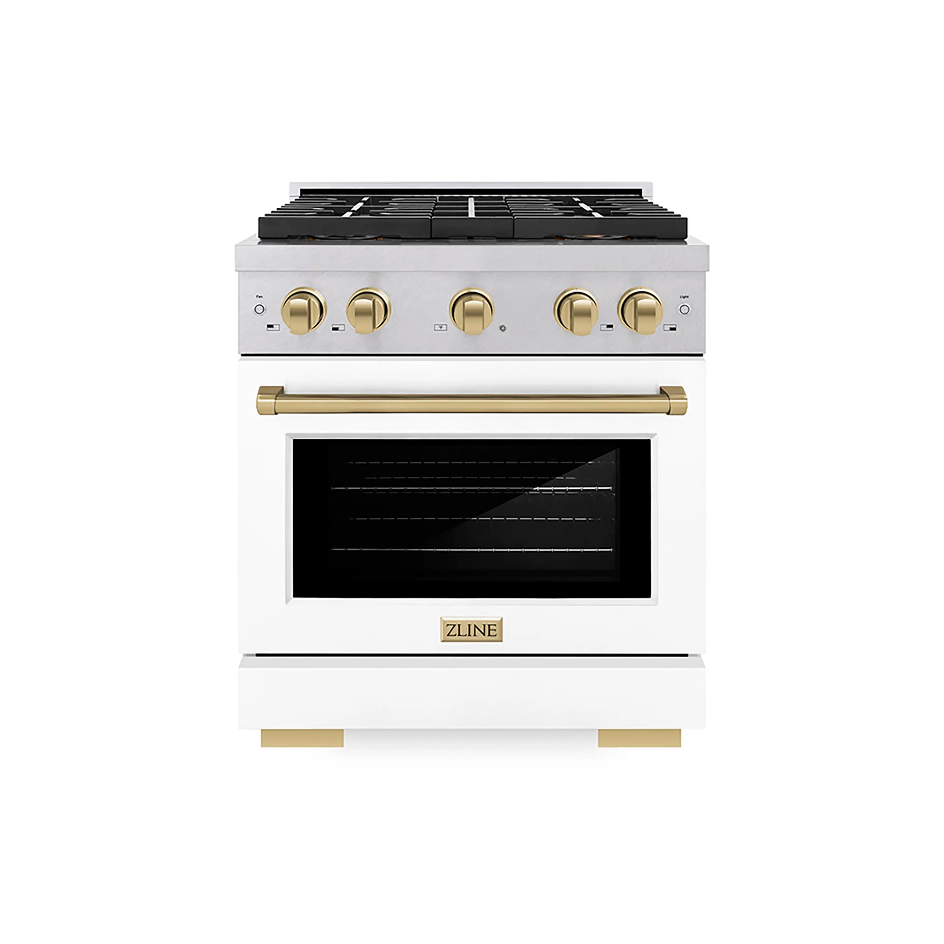 Gas range with satin stainless steel body, white matte door, and champagne bronze accents.