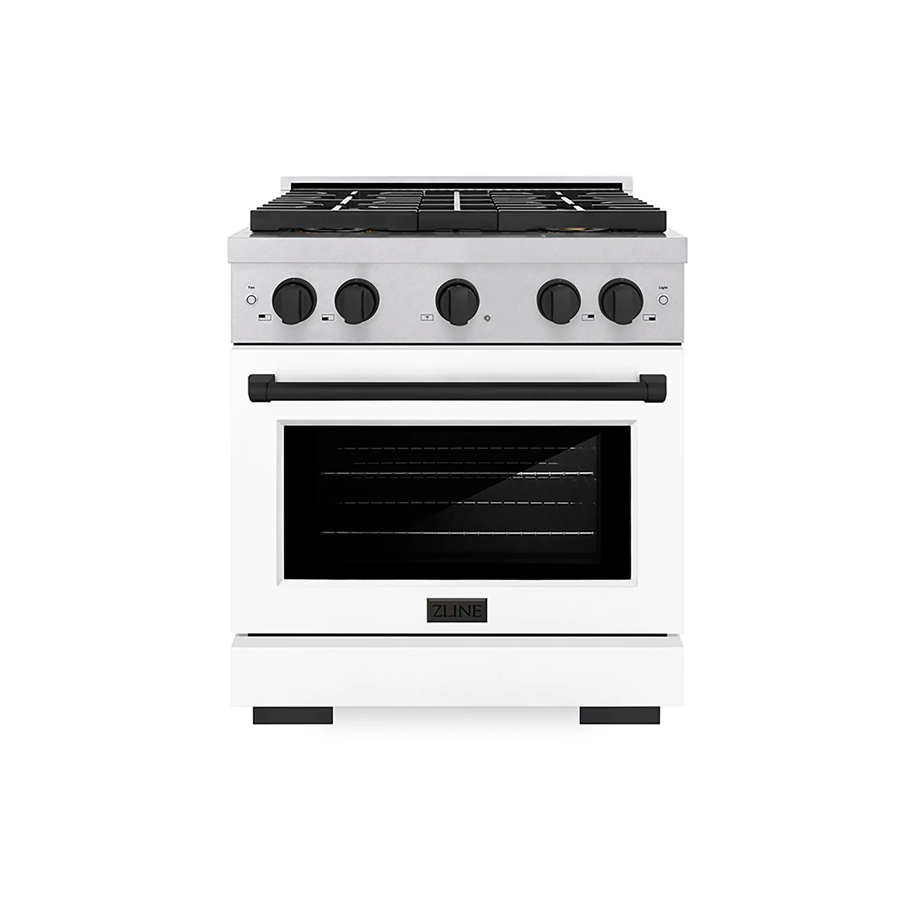 Stainless gas range front view with black grates, control knobs, and oven window