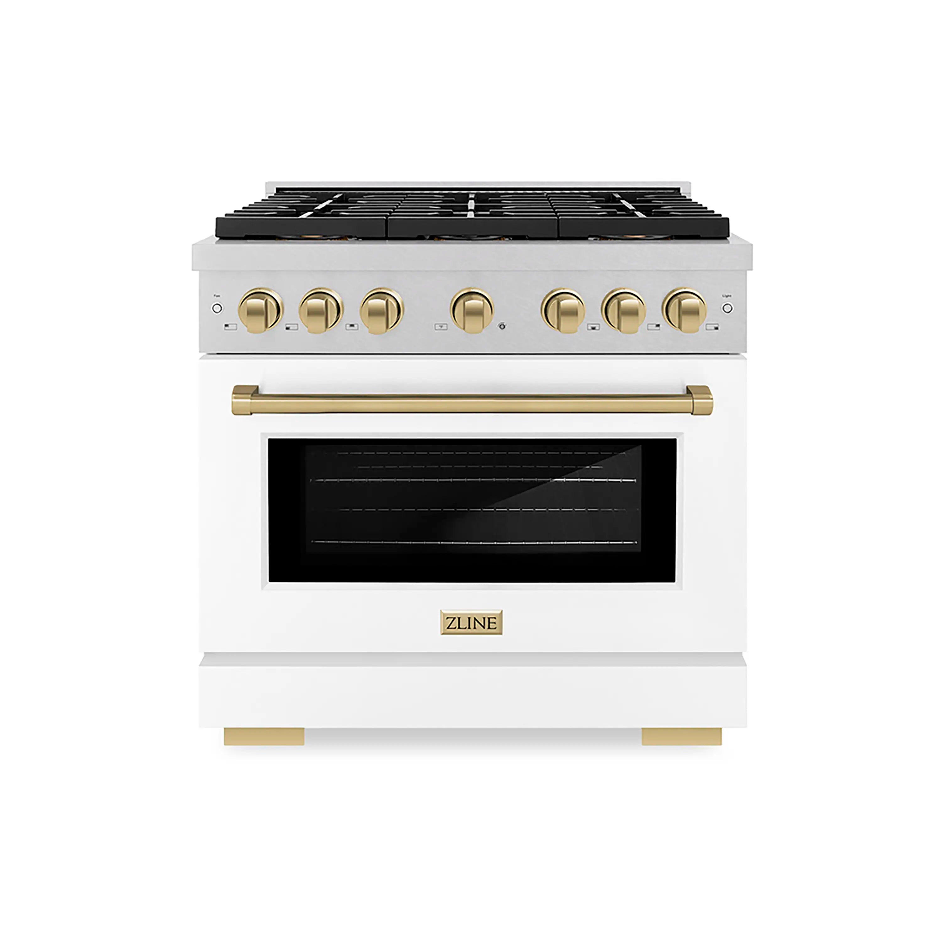 Satin stainless steel gas range with 6-burner cooktop, white matte oven door, bronze knobs
