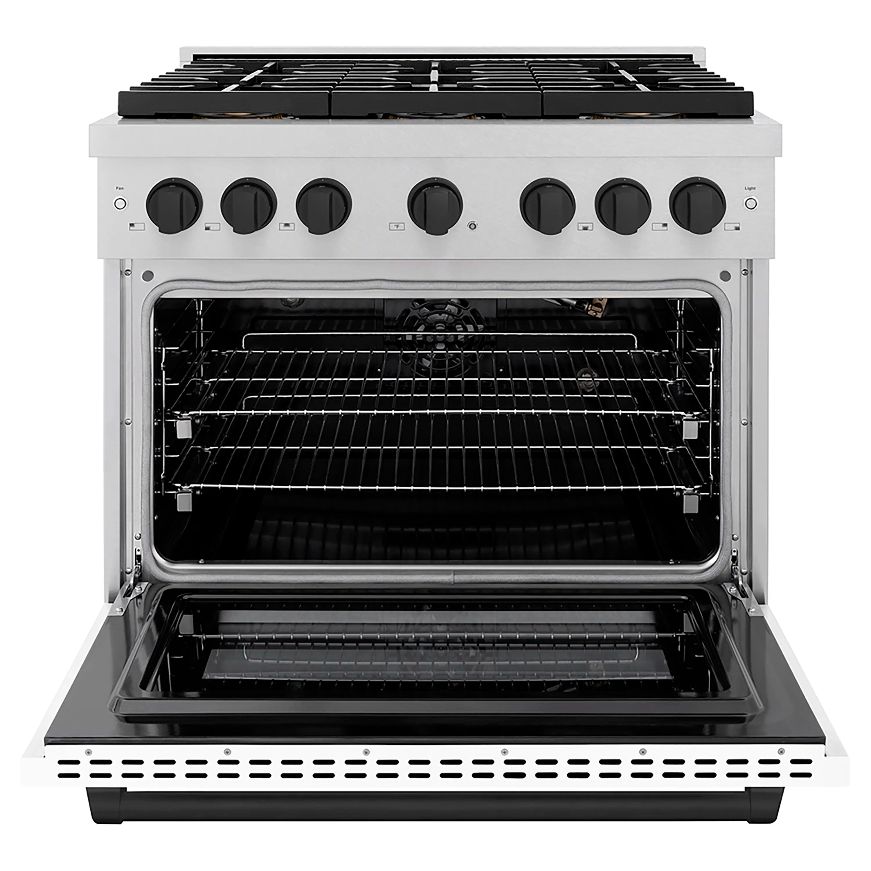 Satin stainless steel gas range with open convection oven and black cooktop grates