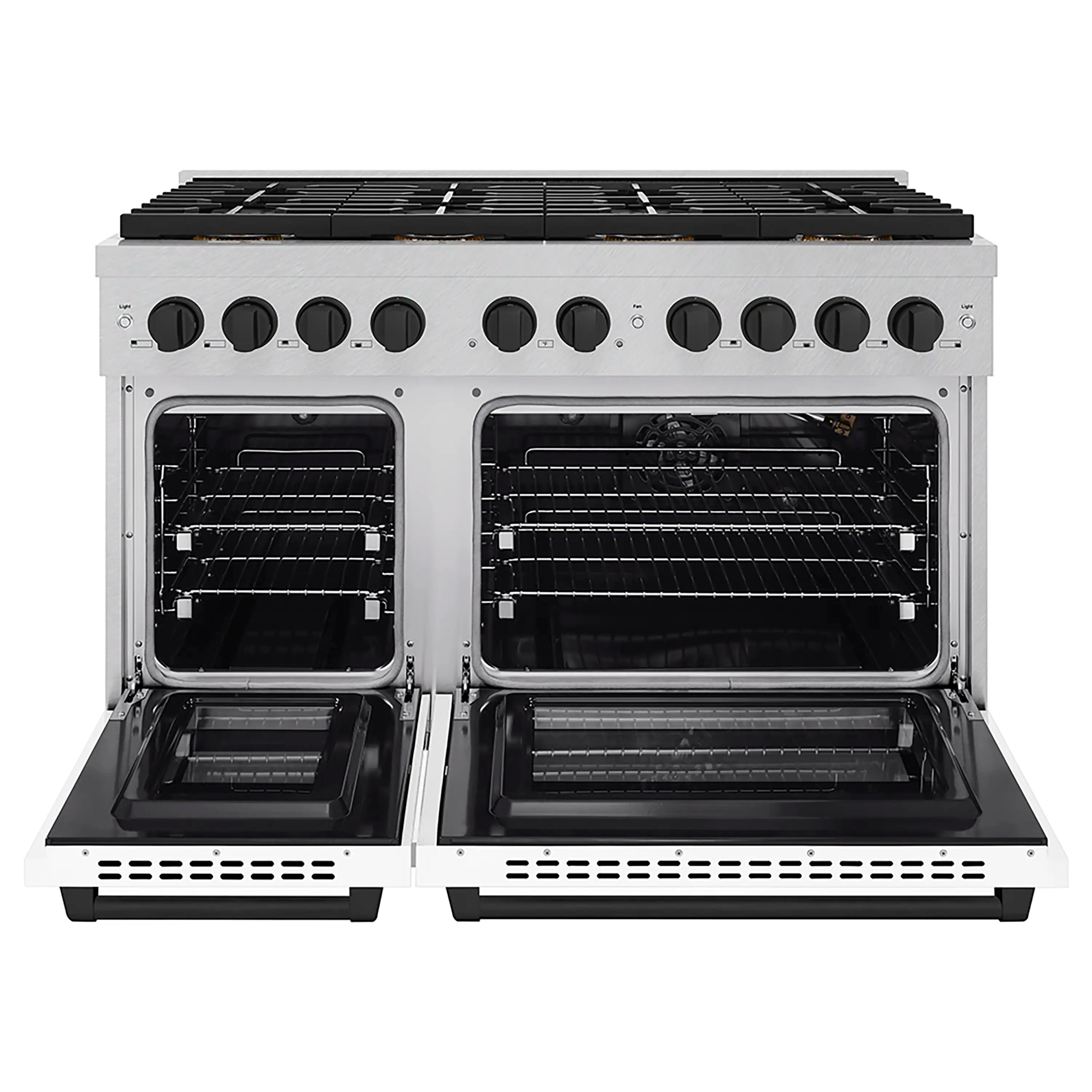 Open dual oven gas range with stainless interior racks and black oven cavity