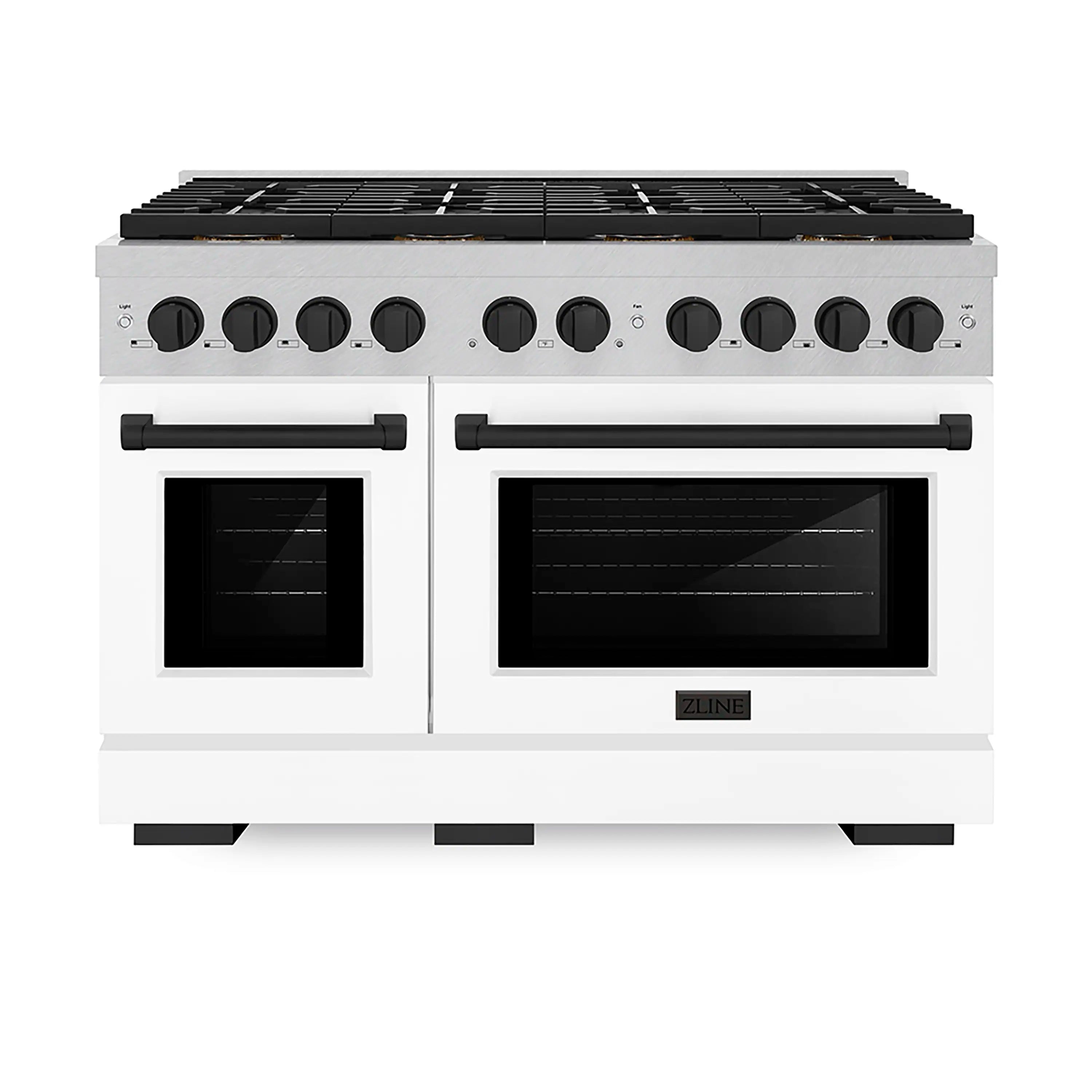 Satin stainless gas range with dual ovens, white matte doors, black burner knobs