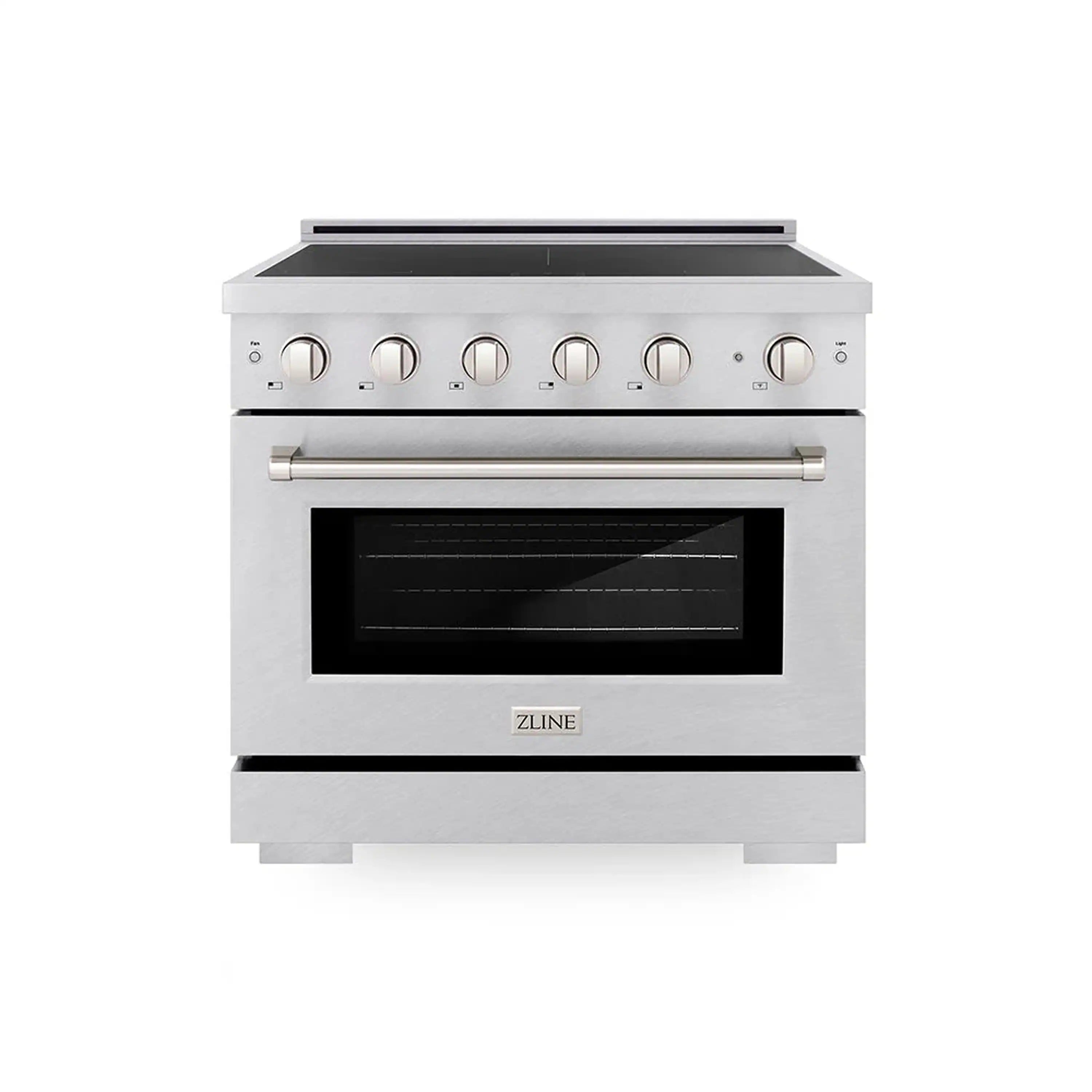ZLINE induction range with satin stainless steel, closed oven door with window