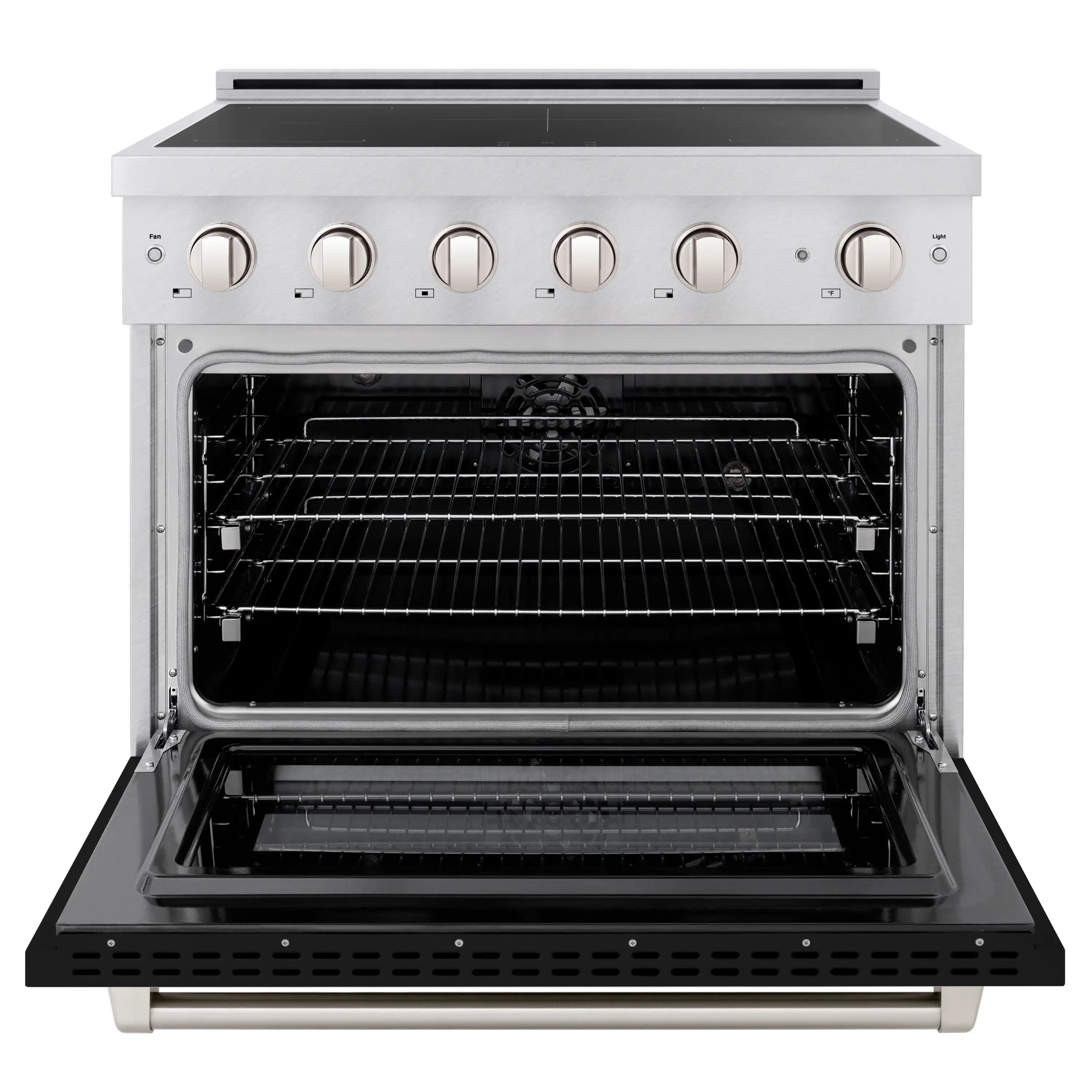 Stainless steel electric convection oven with open door showing wire oven rack