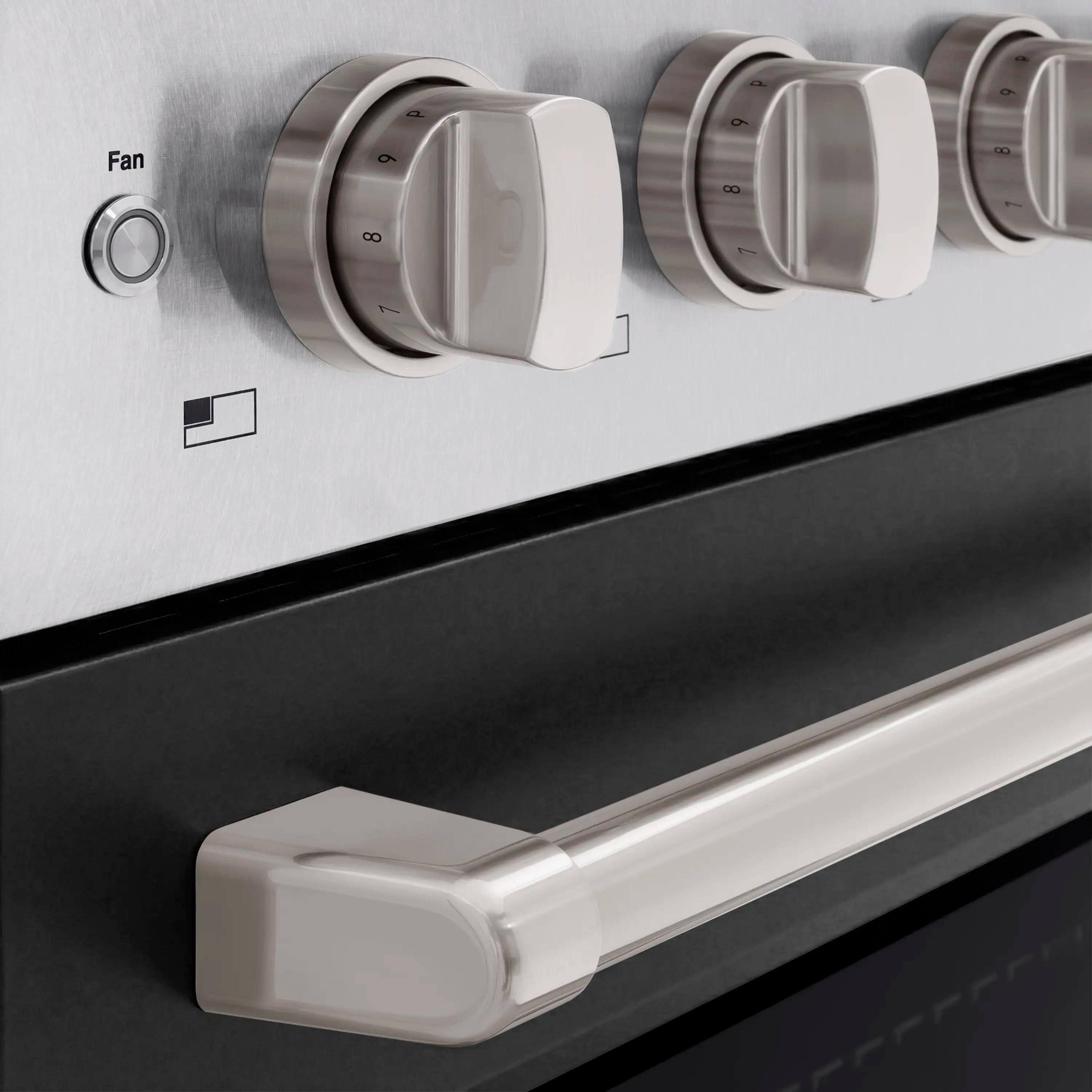 Stainless steel oven control panel with fan knob and rotating temperature dials