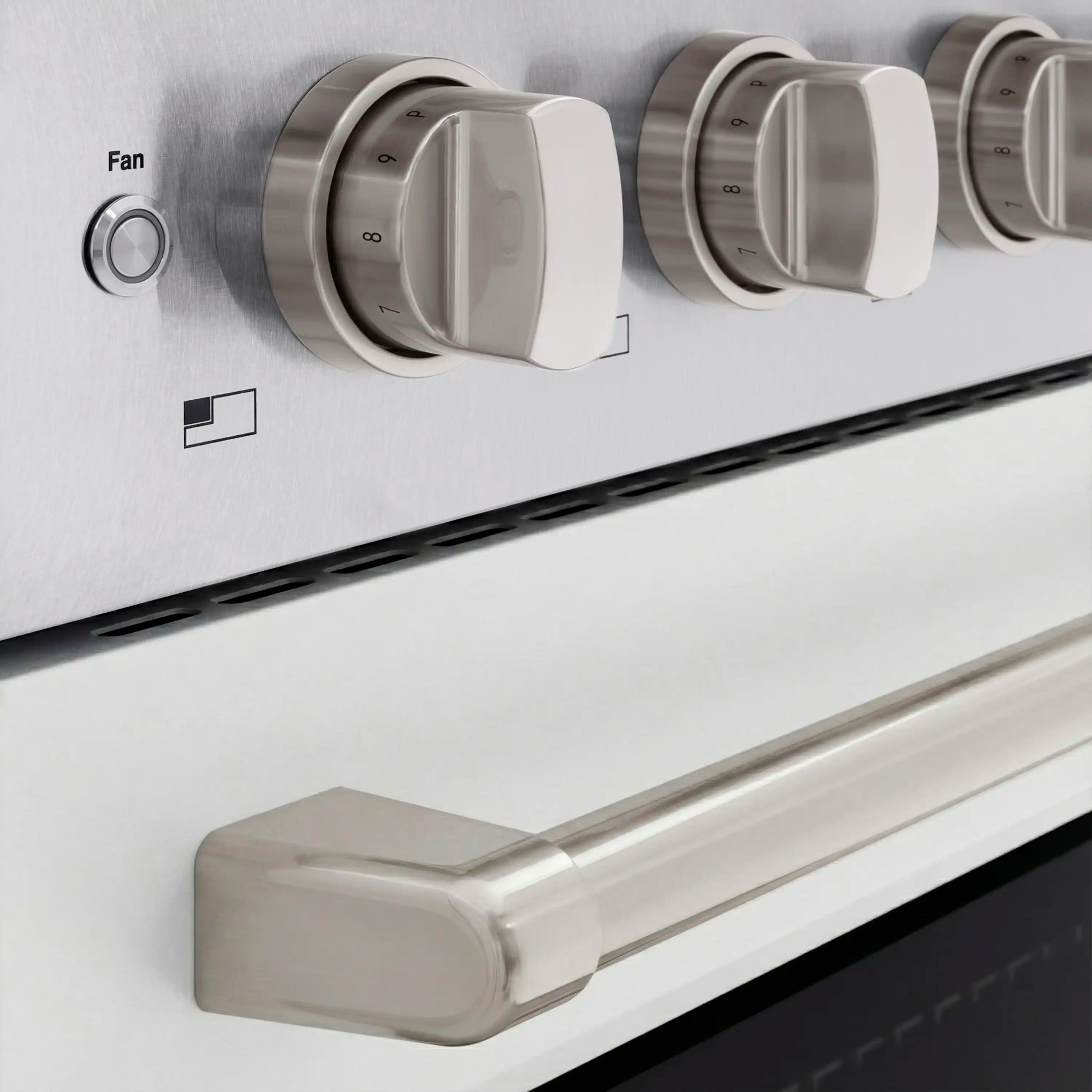 Oven control knobs and satin handle on satin stainless induction range front