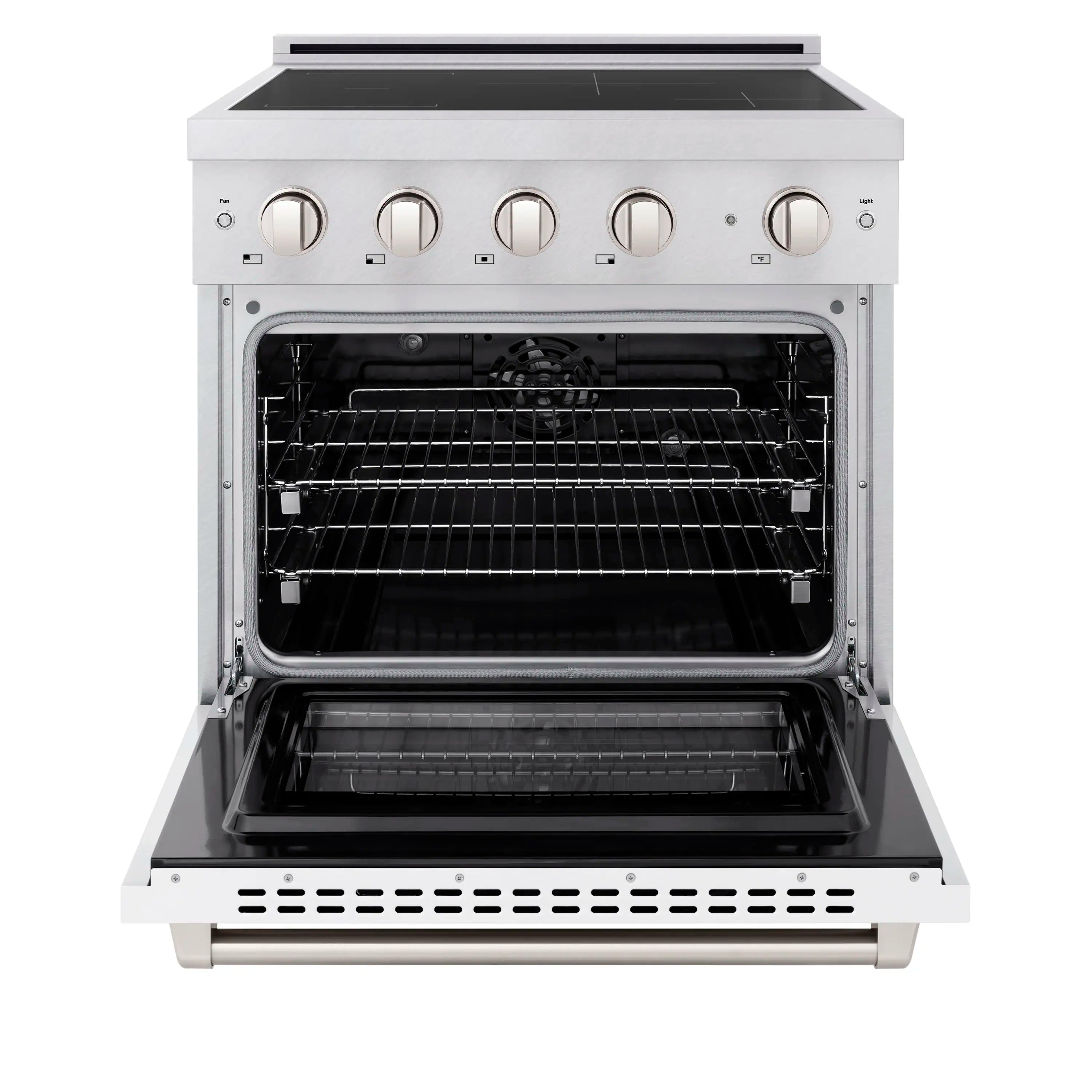 Open convection oven door showing empty wire rack shelves in stainless range