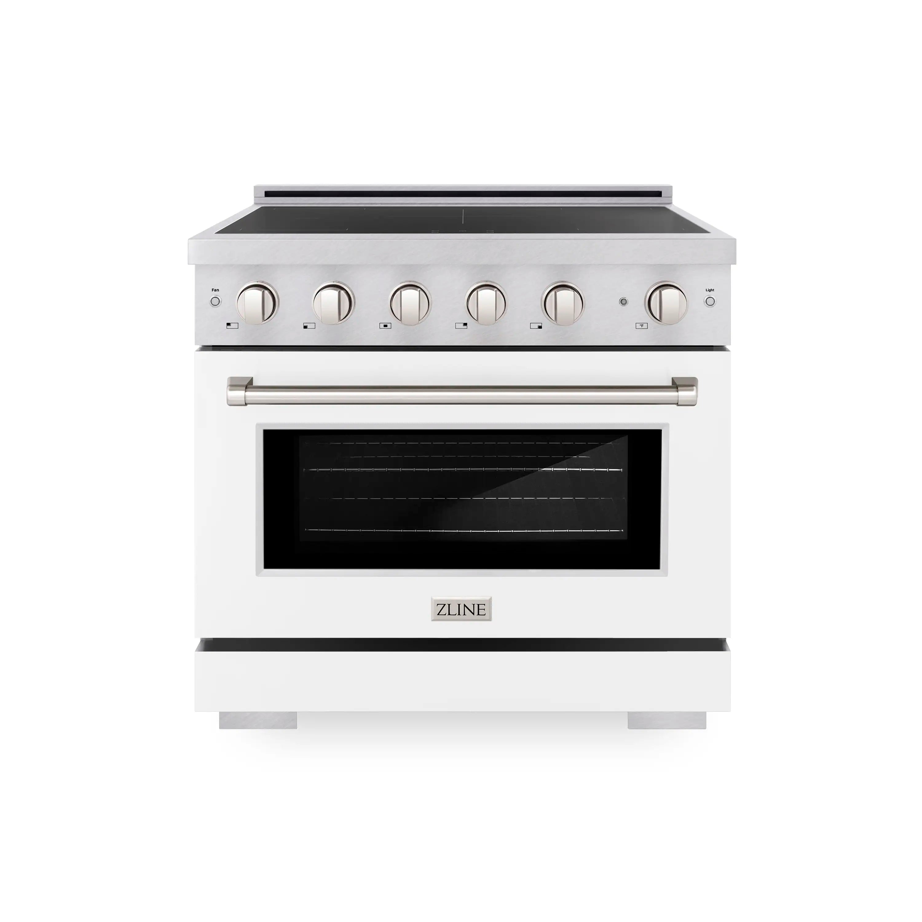 Front view of induction range with satin stainless finish and black oven window