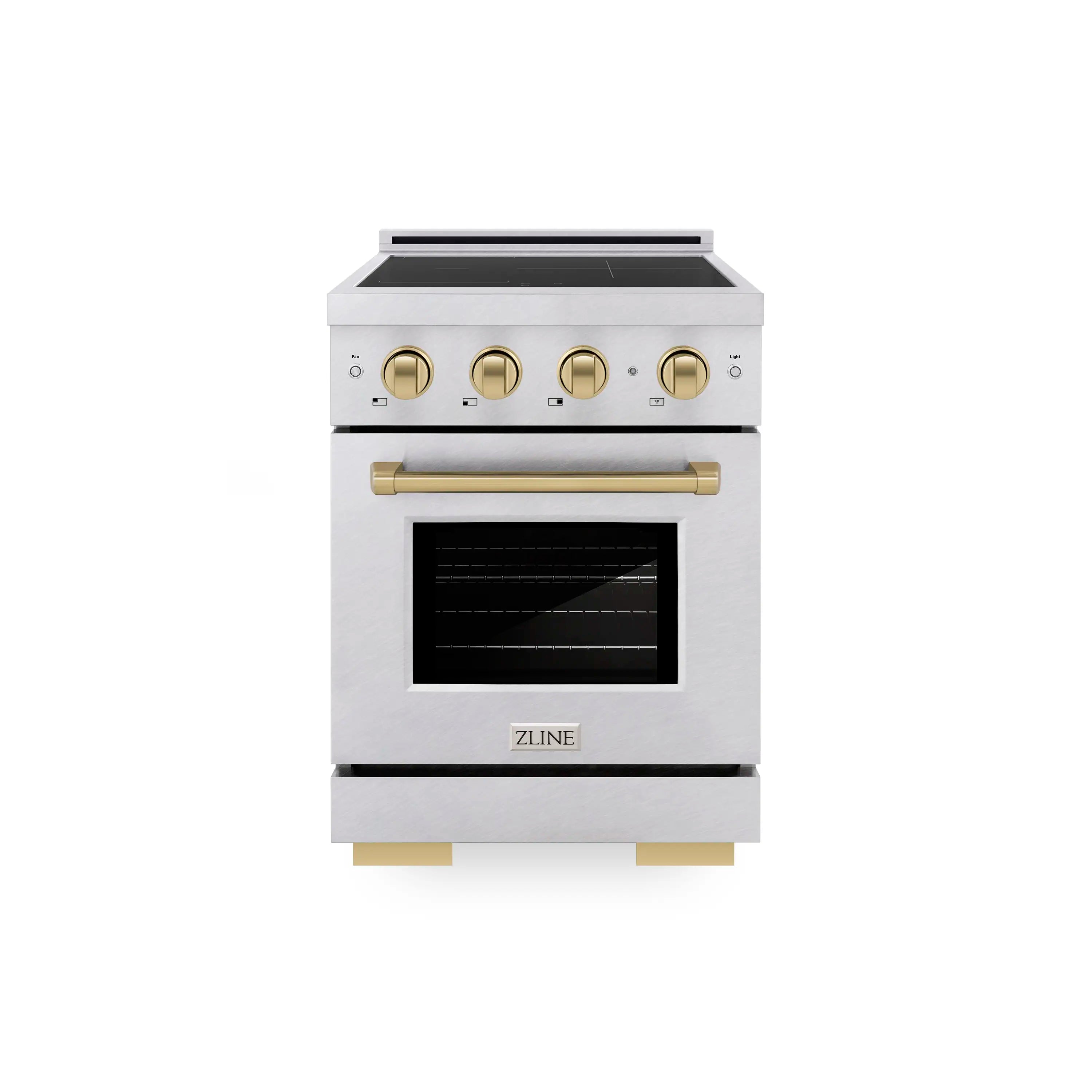 Satin stainless steel induction range with champagne bronze knobs and oven door