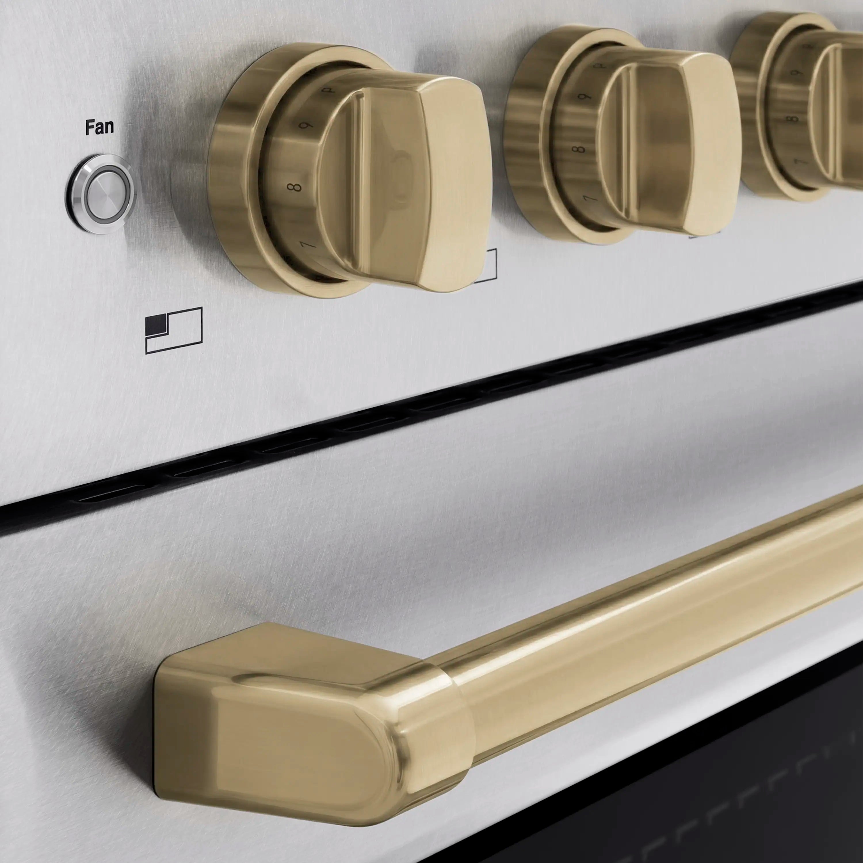 Satin stainless steel control panel with champagne bronze oven knob and fan control