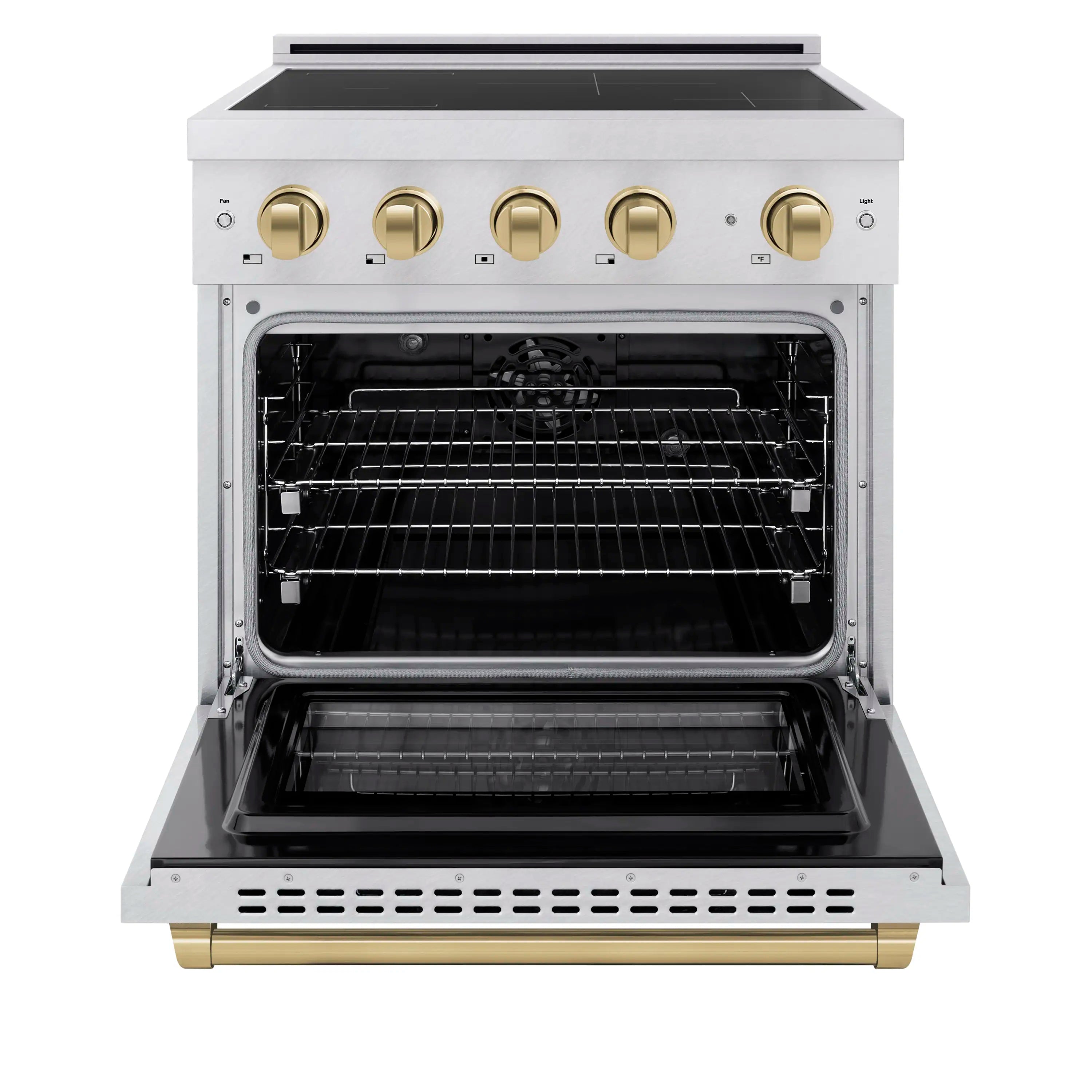 Induction range with open oven door, four gold knobs, satin stainless exterior
