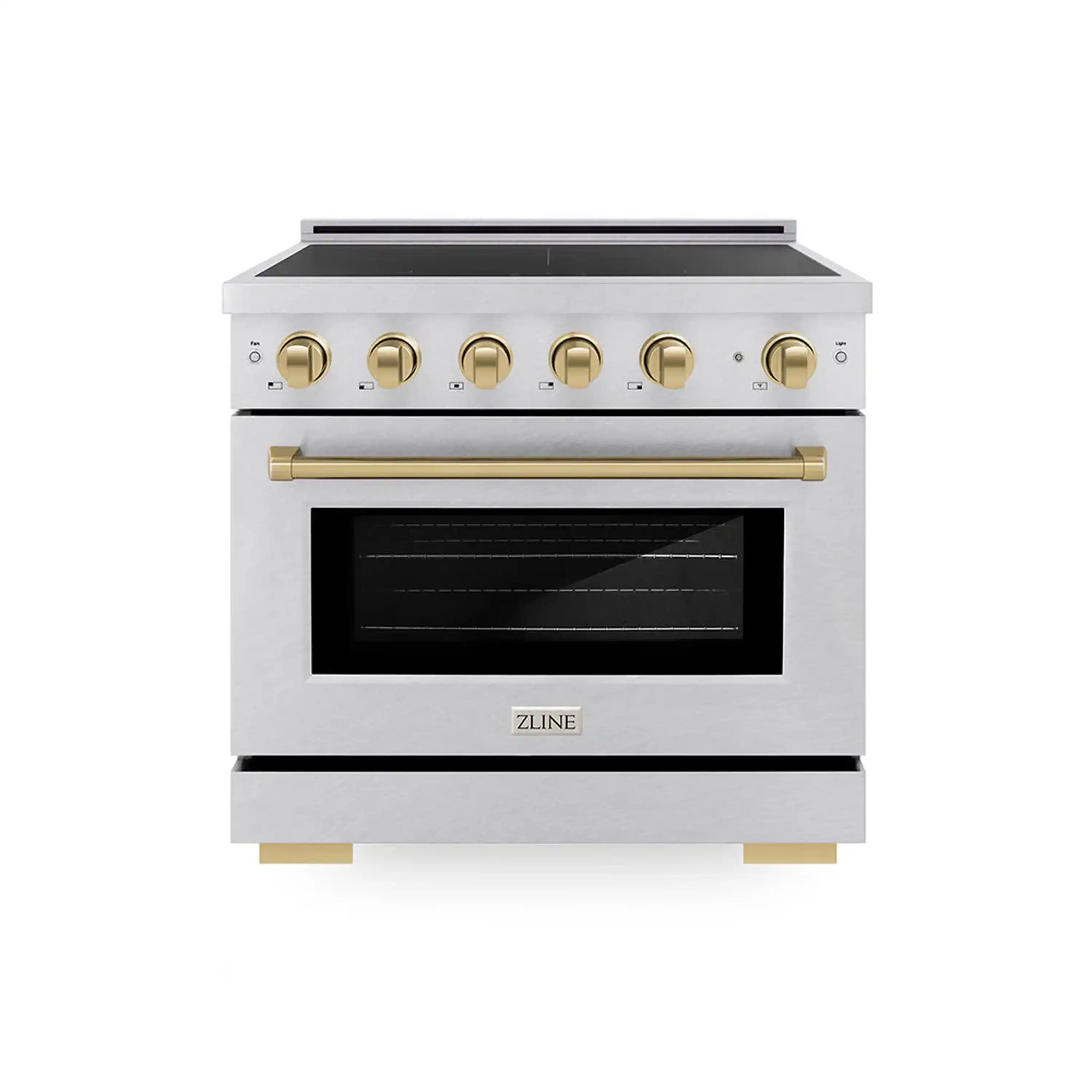 Satin stainless steel induction range with electric oven and champagne bronze accents