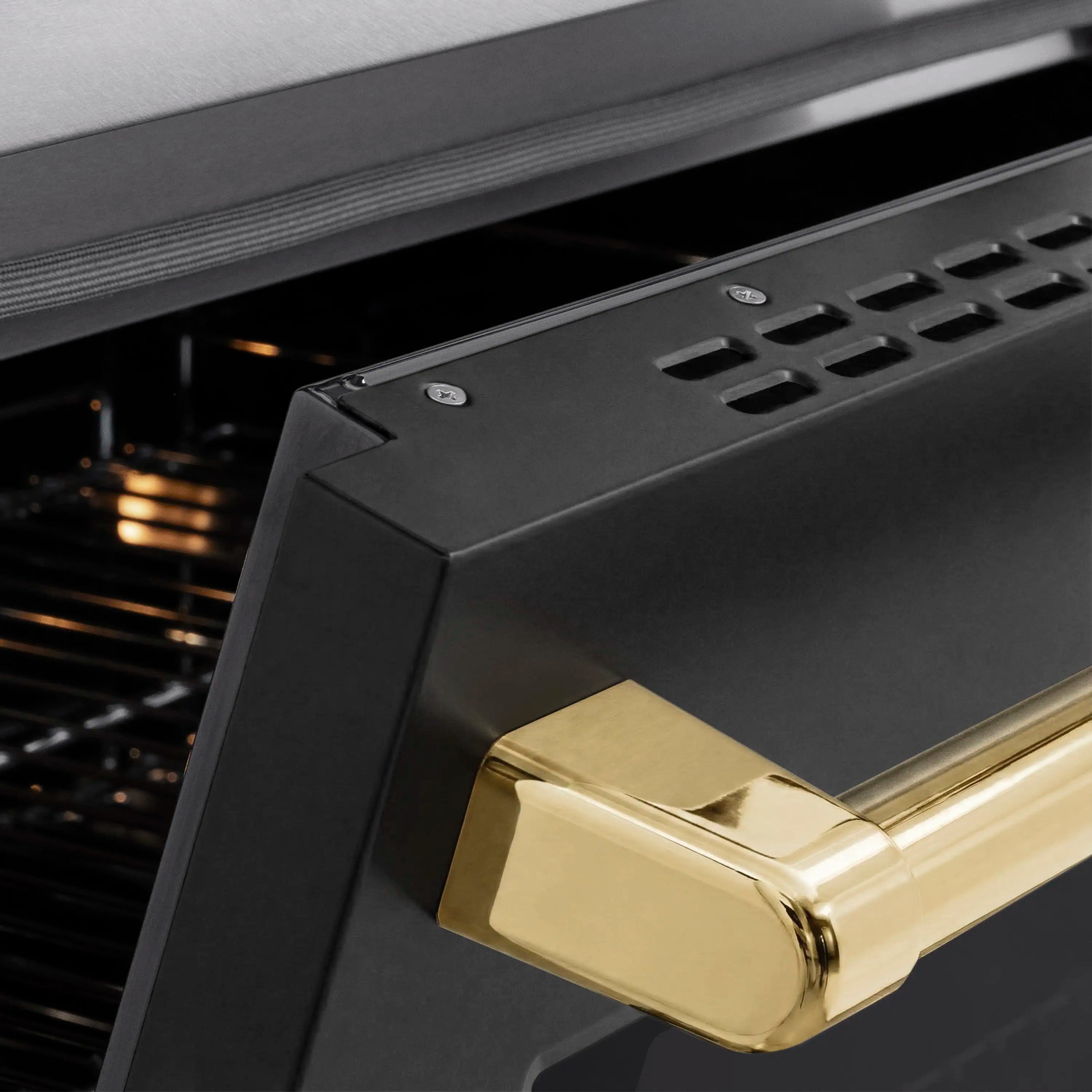 Induction range oven door handle with black matte panel and polished gold accent