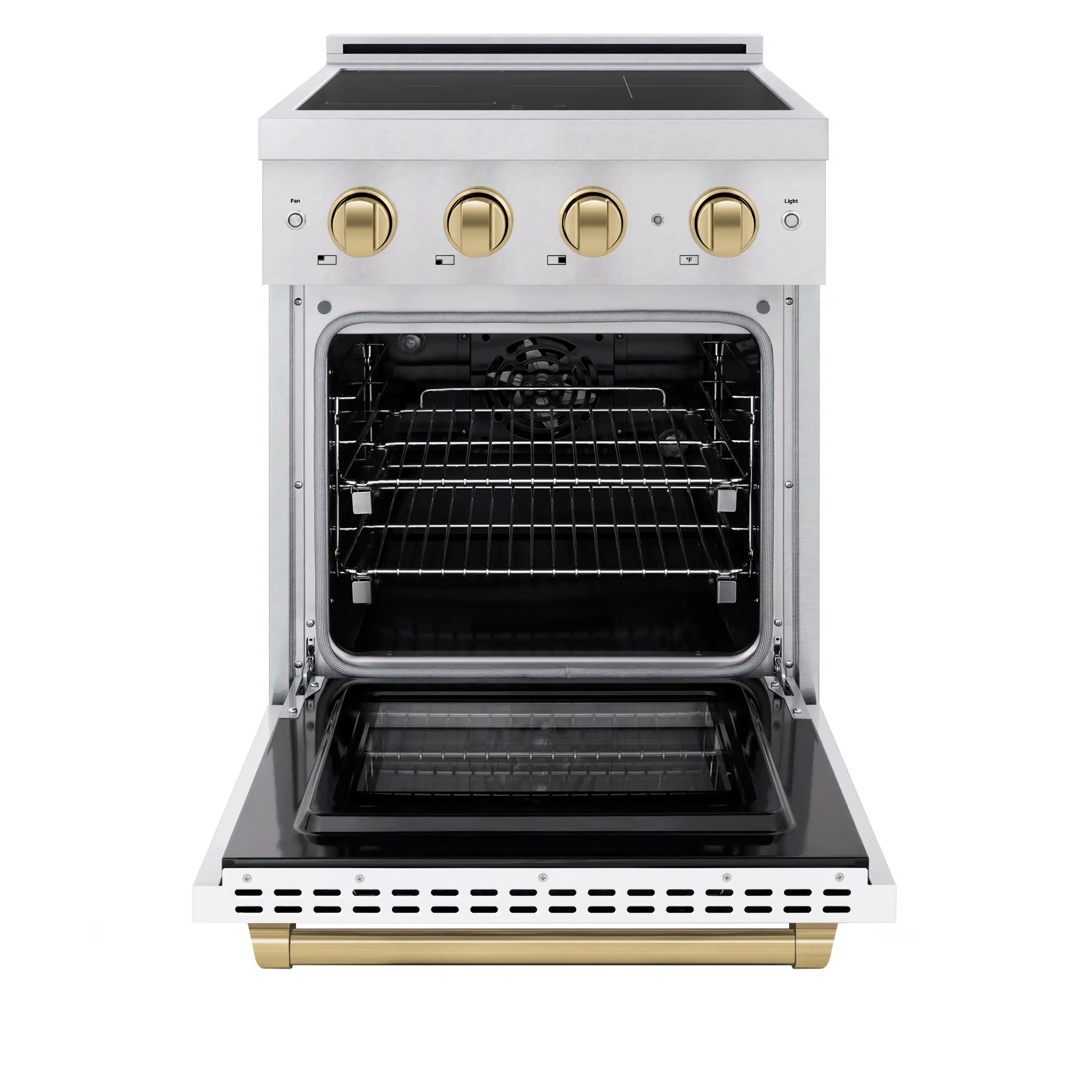 Satin stainless steel induction range with open electric convection oven and bronze knobs