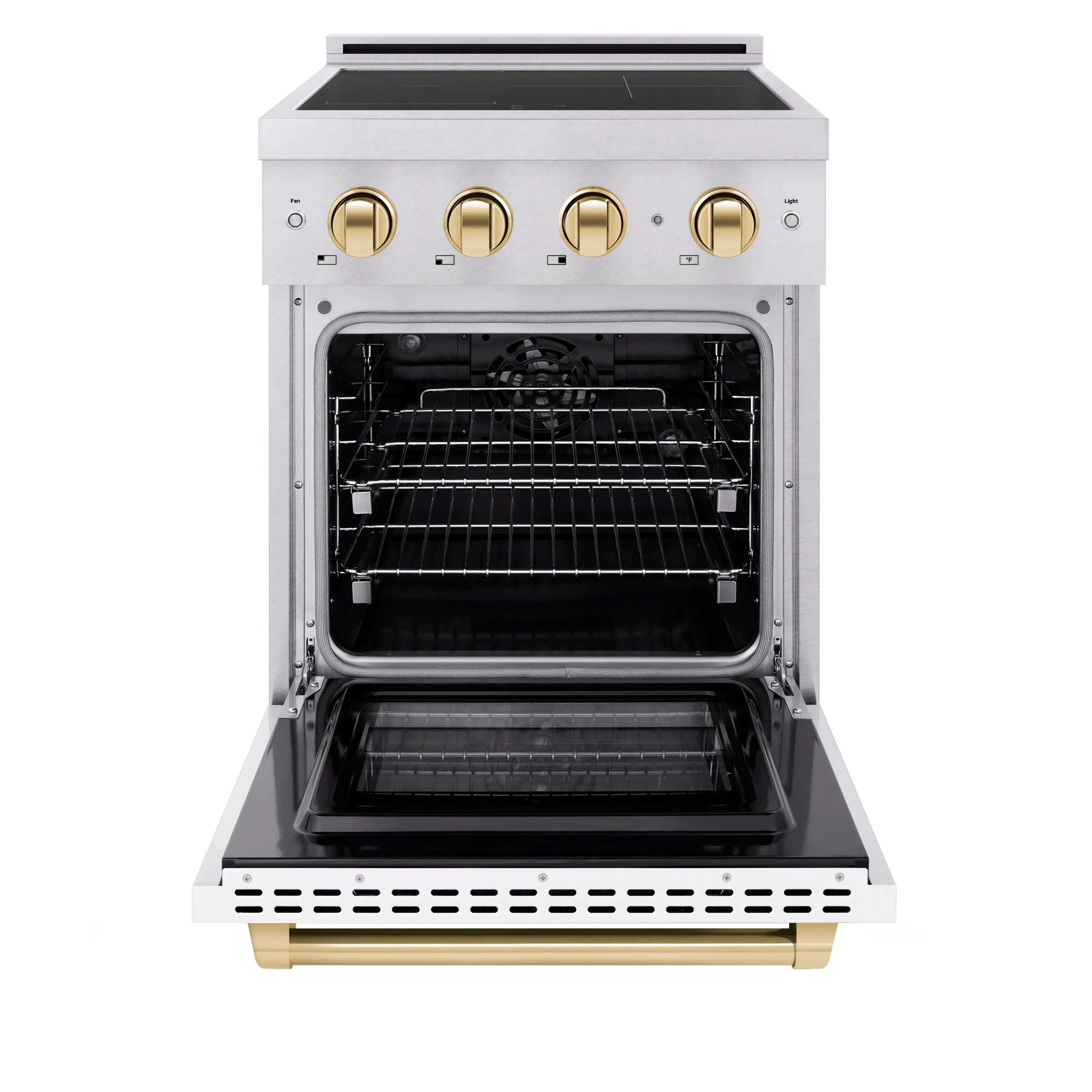 Induction range oven with open door, black interior cavity, and wire rack