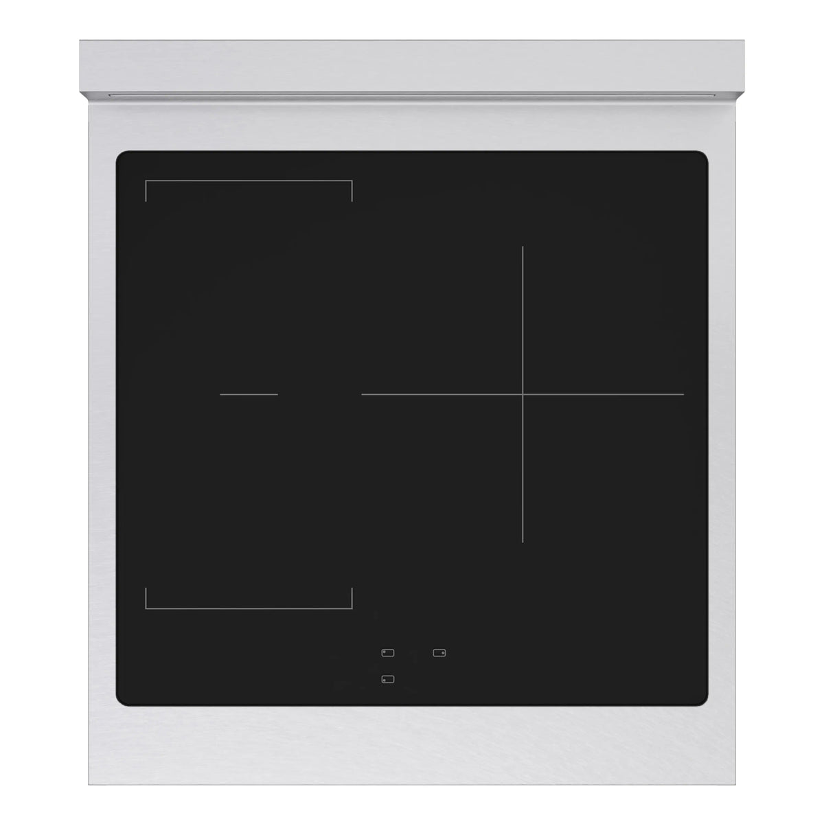 Induction range with black matte glass cooktop and satin stainless oven door