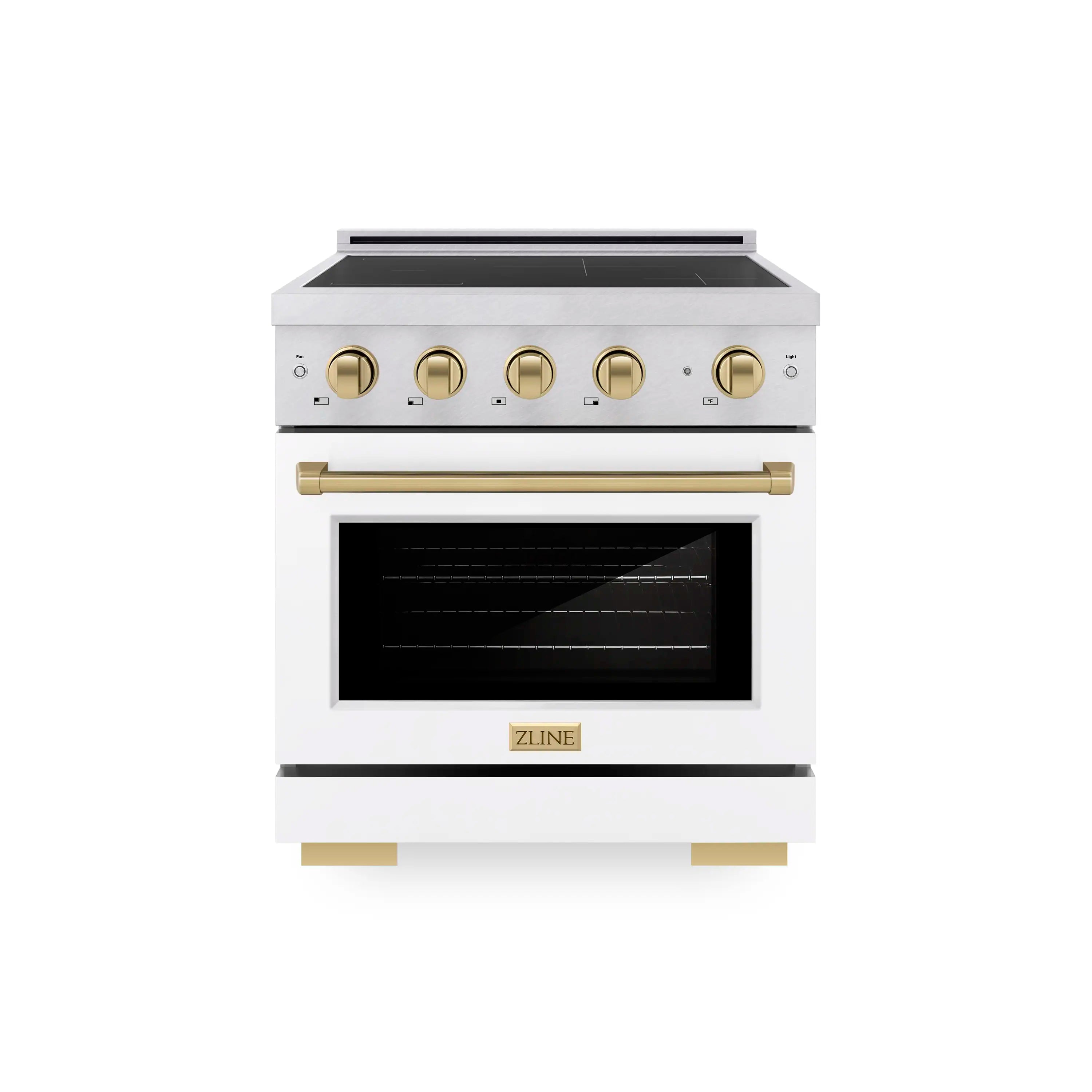 Satin stainless induction range with white matte oven door and champagne bronze rail handles
