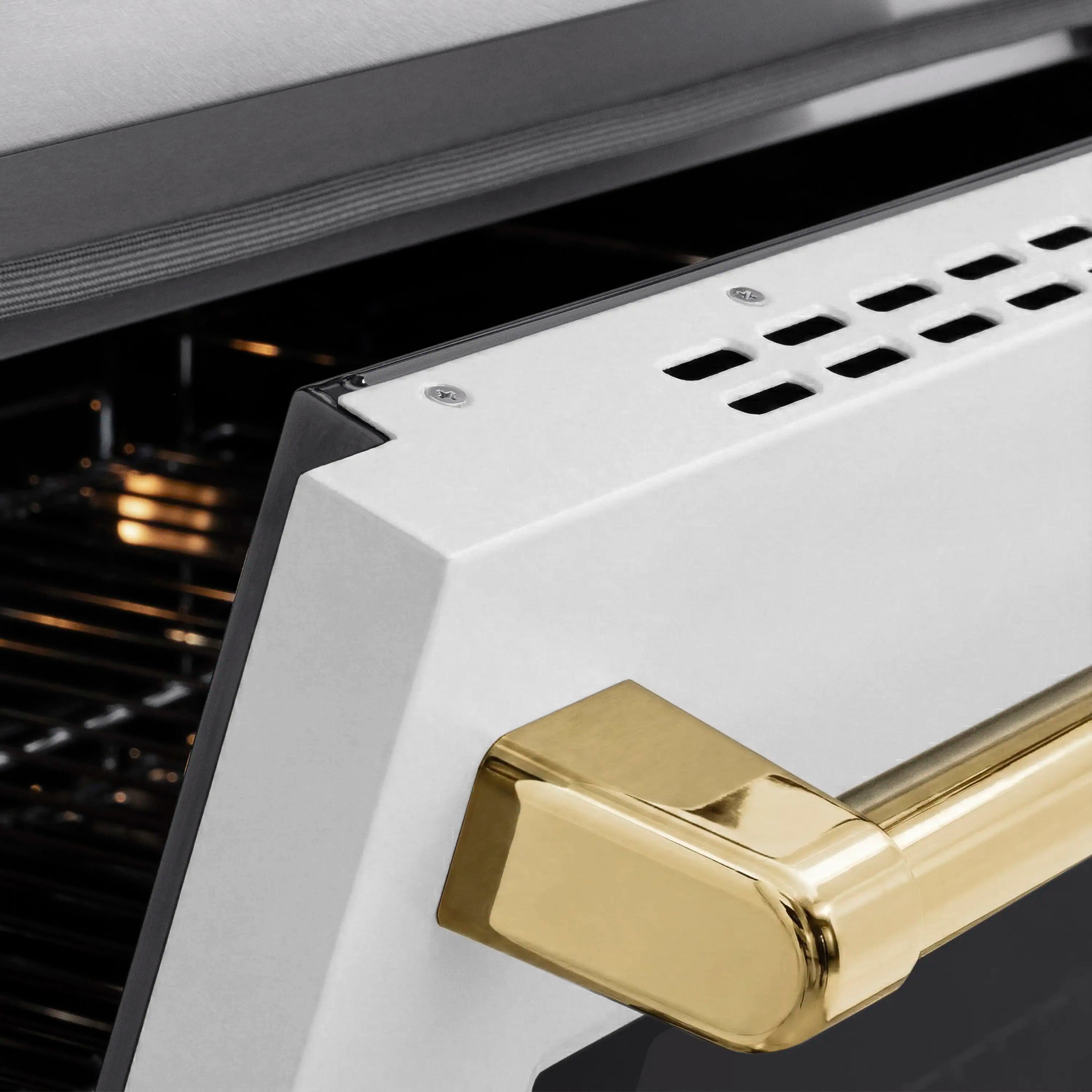 White matte oven door with polished gold handle and vented trim