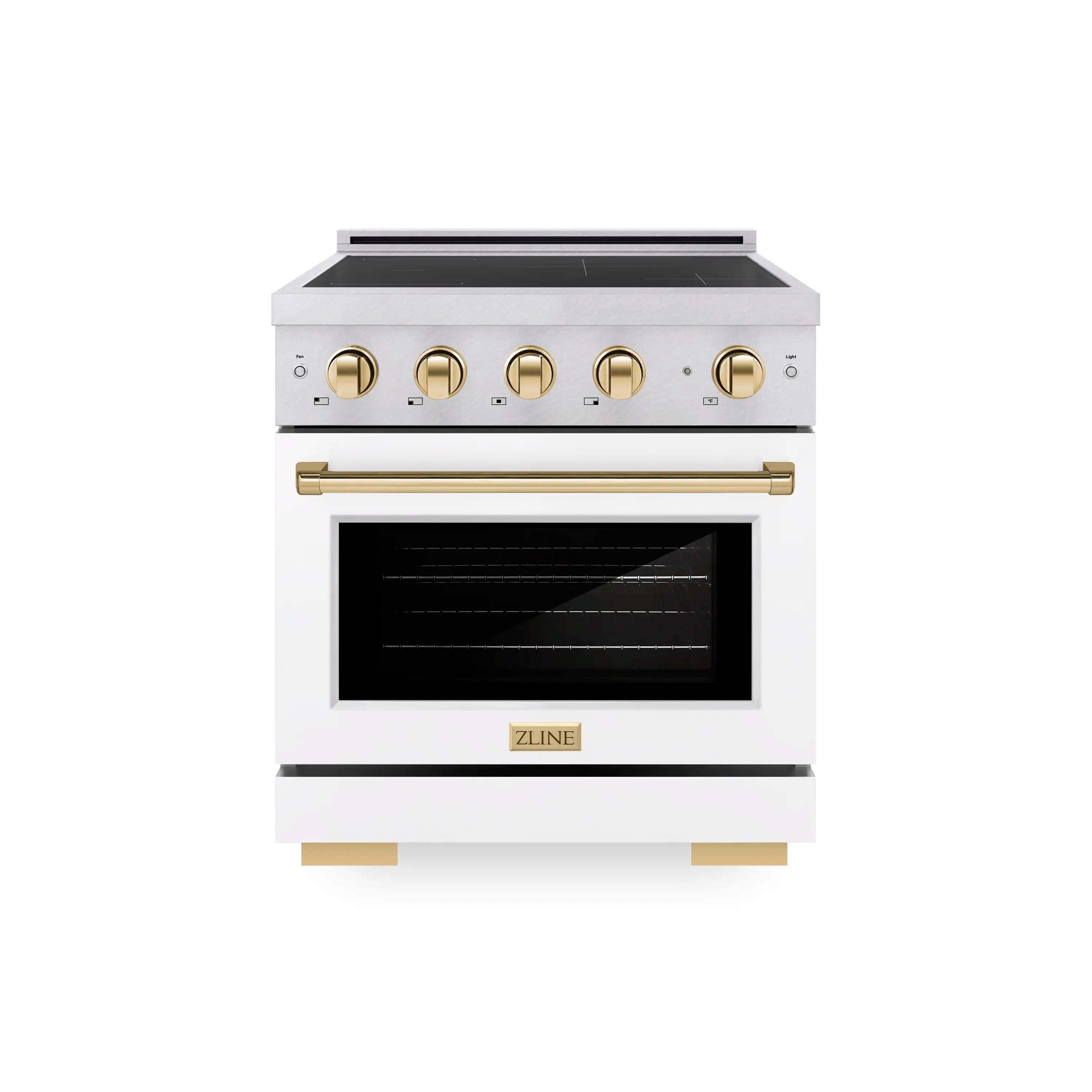 Satin stainless range with white matte oven door and polished gold bar handle