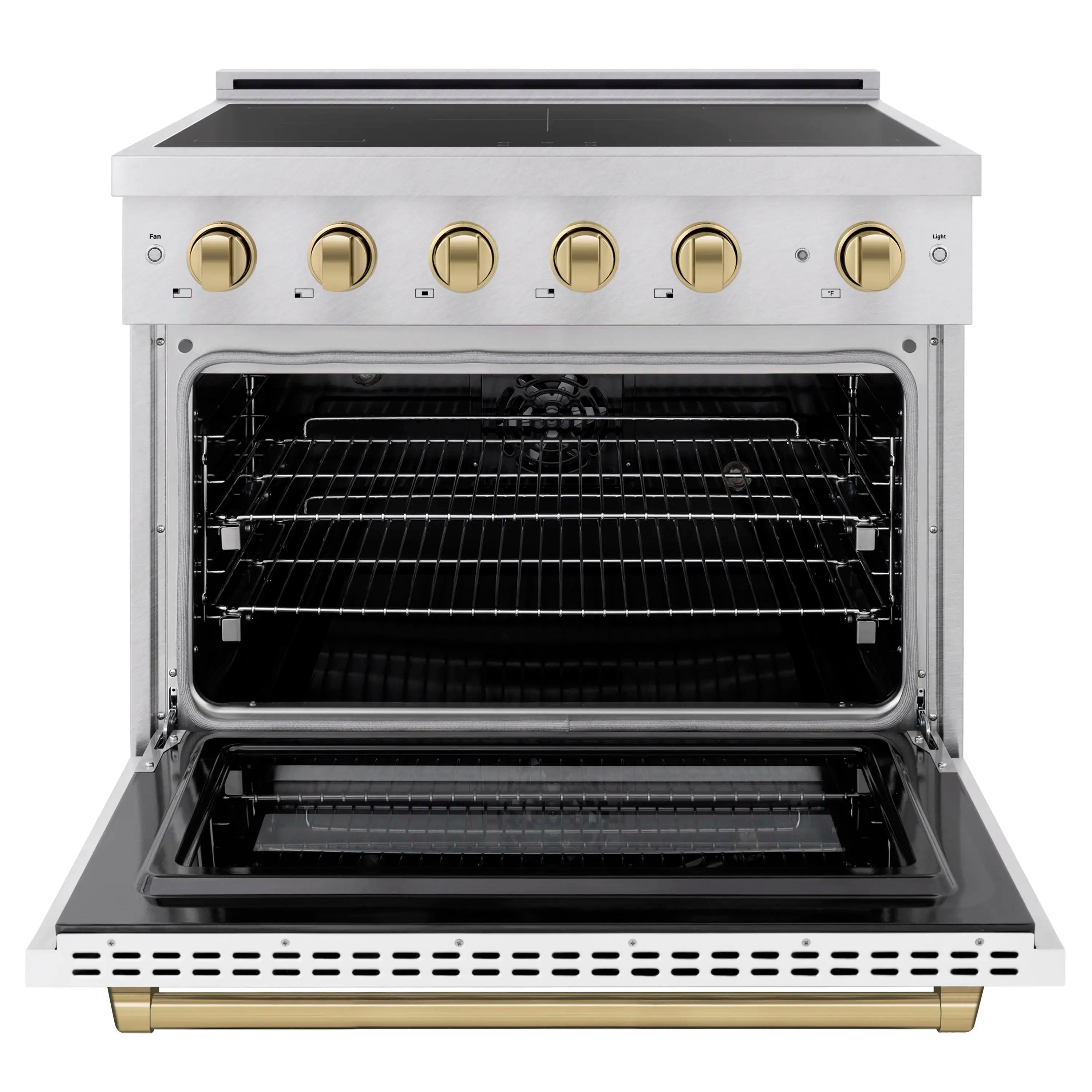 Stainless induction range with five gold cooktop knobs and open electric oven