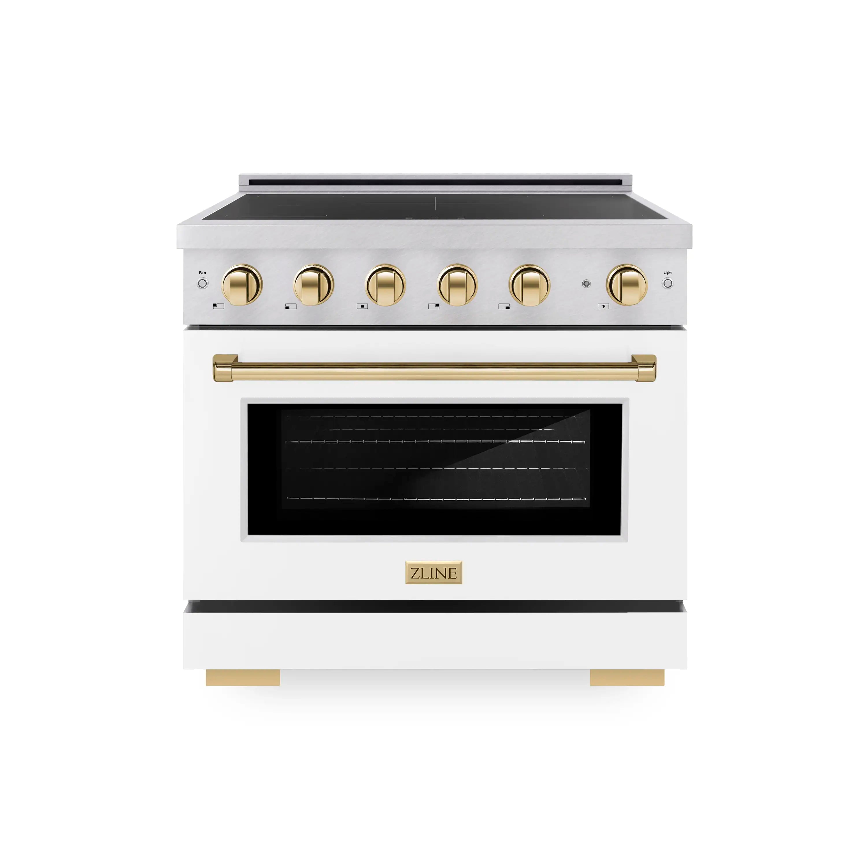 Satin stainless steel induction range with gold knobs and white matte glass door