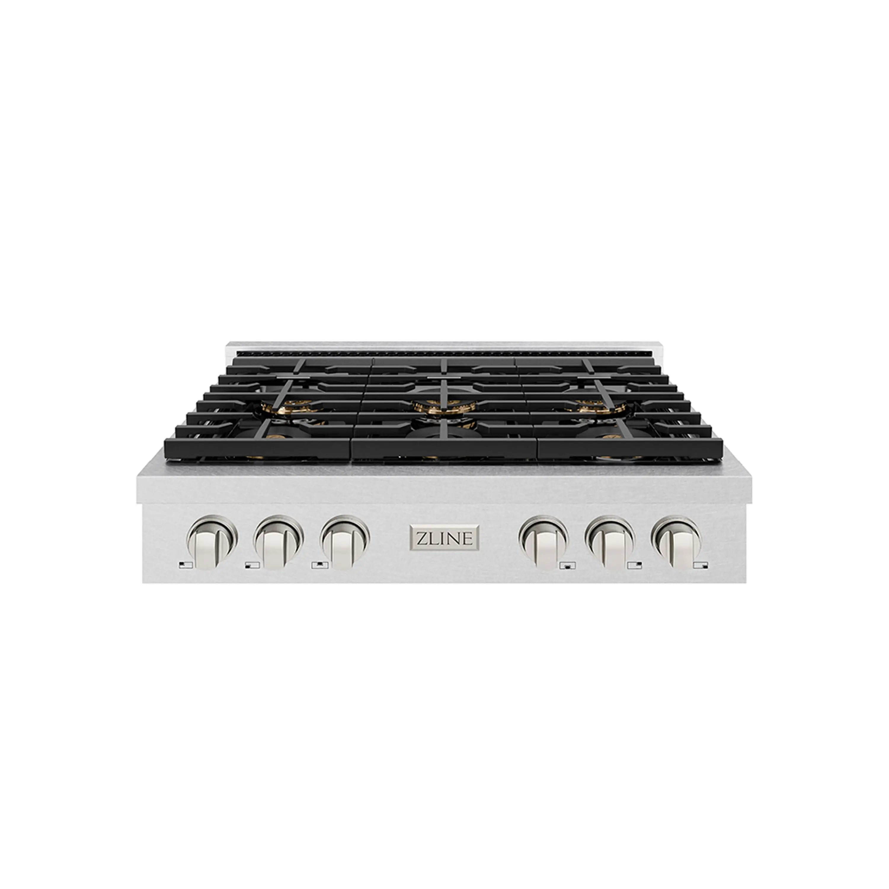 Stainless steel 6-burner gas rangetop with black grates and front knobs
