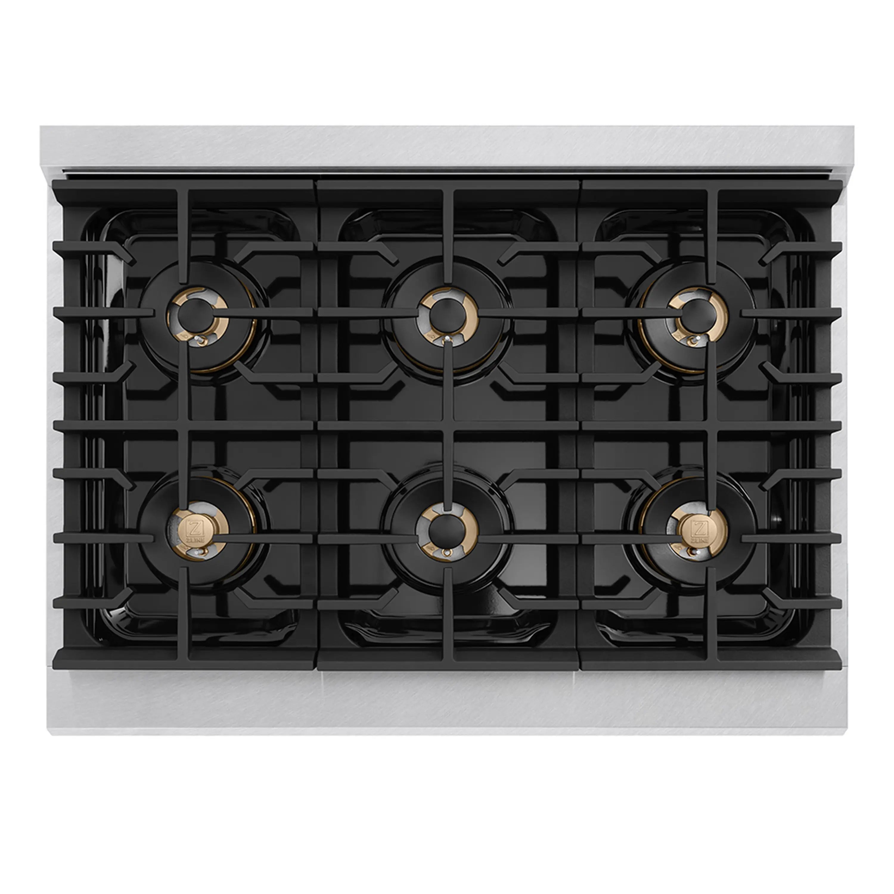 Top view of six-burner gas rangetop with black cast grates and burner caps