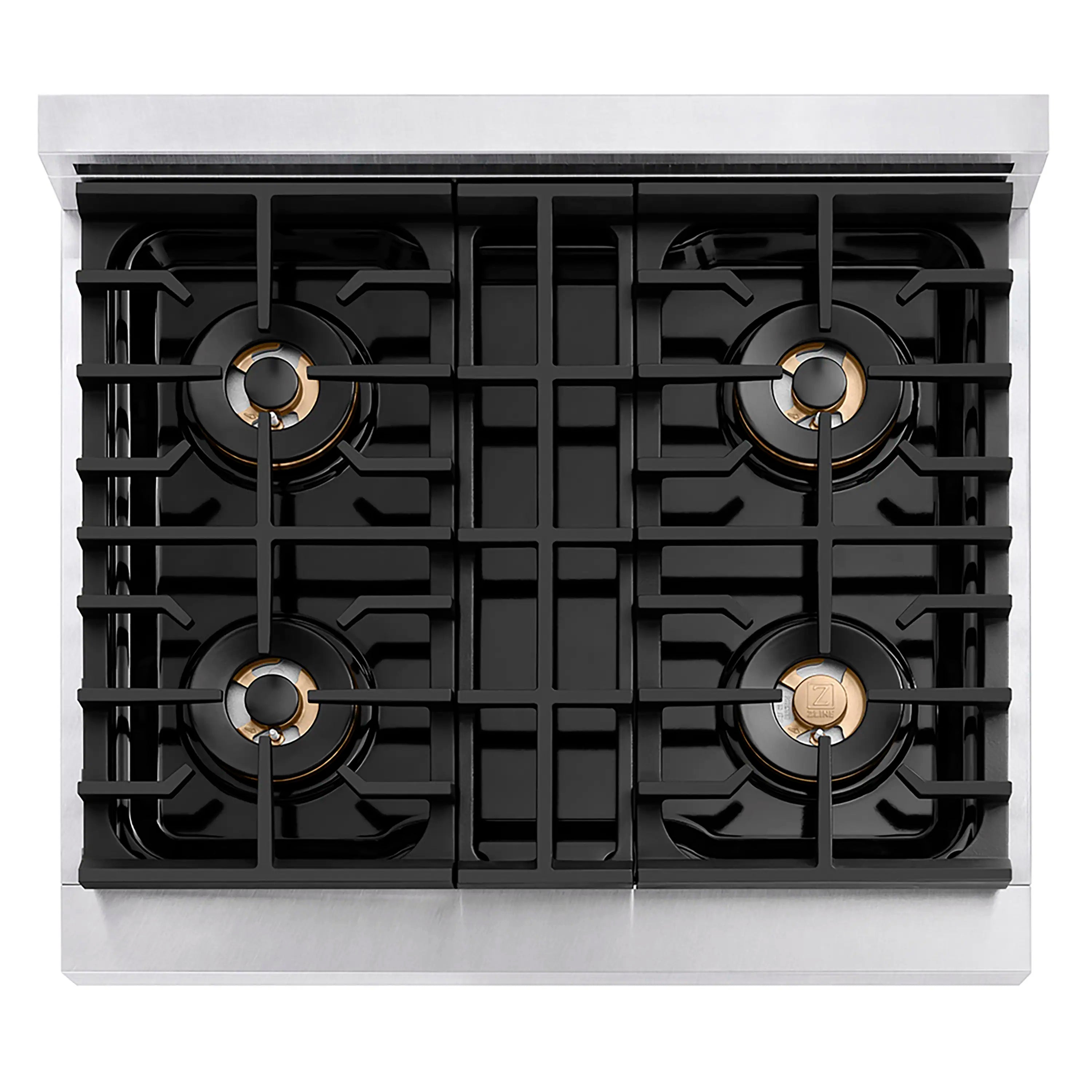 Top view of 4-burner gas rangetop with black grates and bronze burner caps