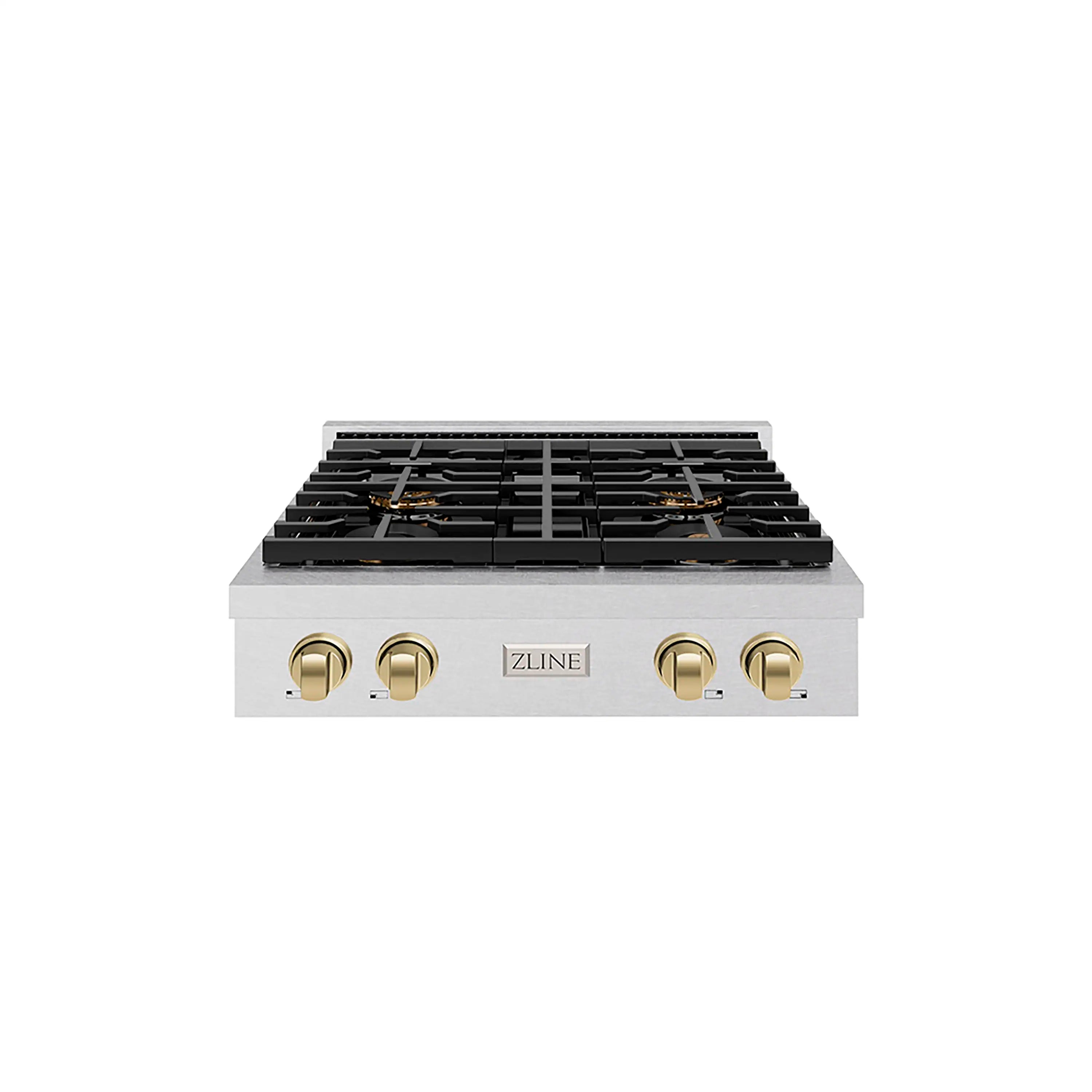 Gas rangetop front panel with champagne bronze knobs and black burner grates