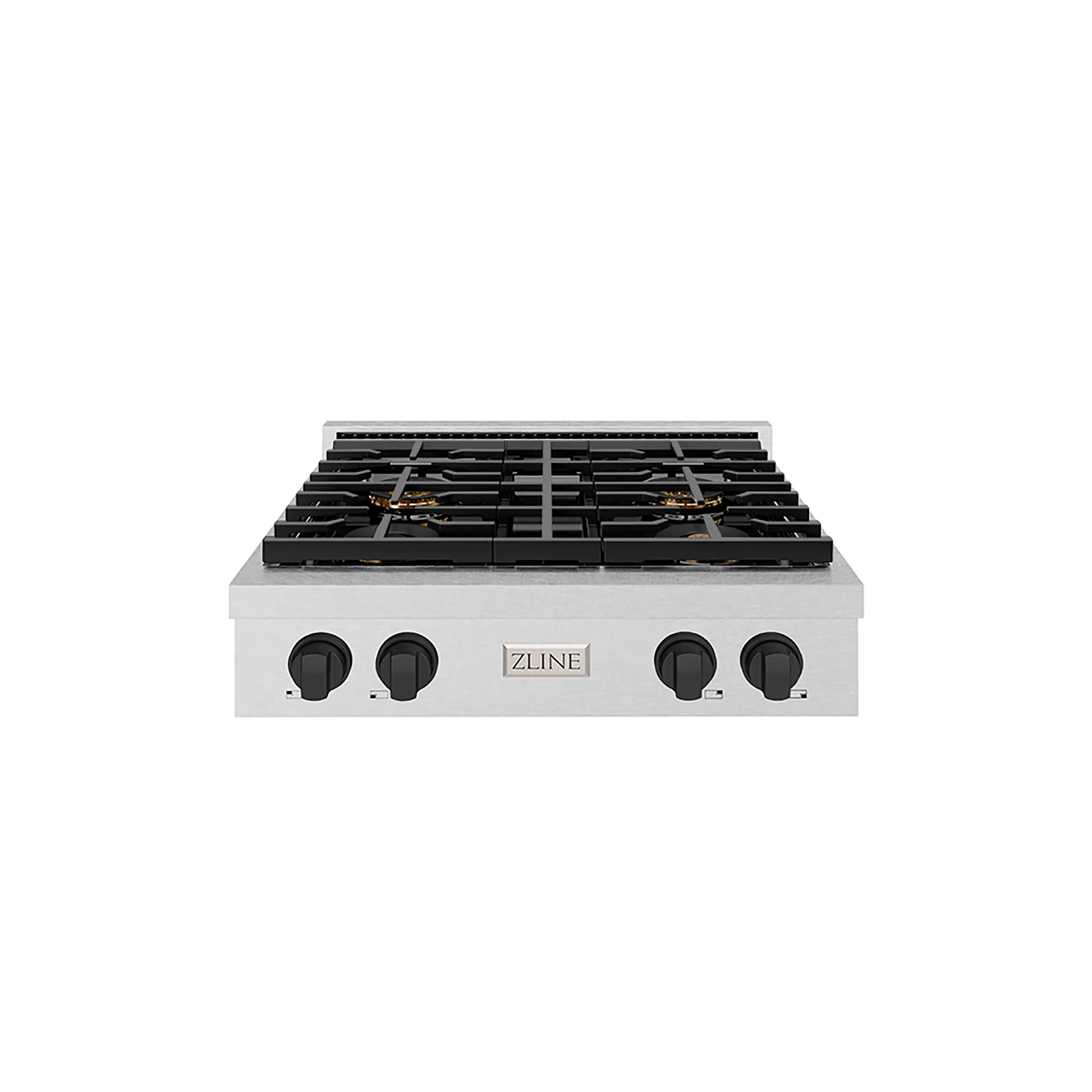 30-inch gas cooktop with black grates, four burner heads, and four front control knobs